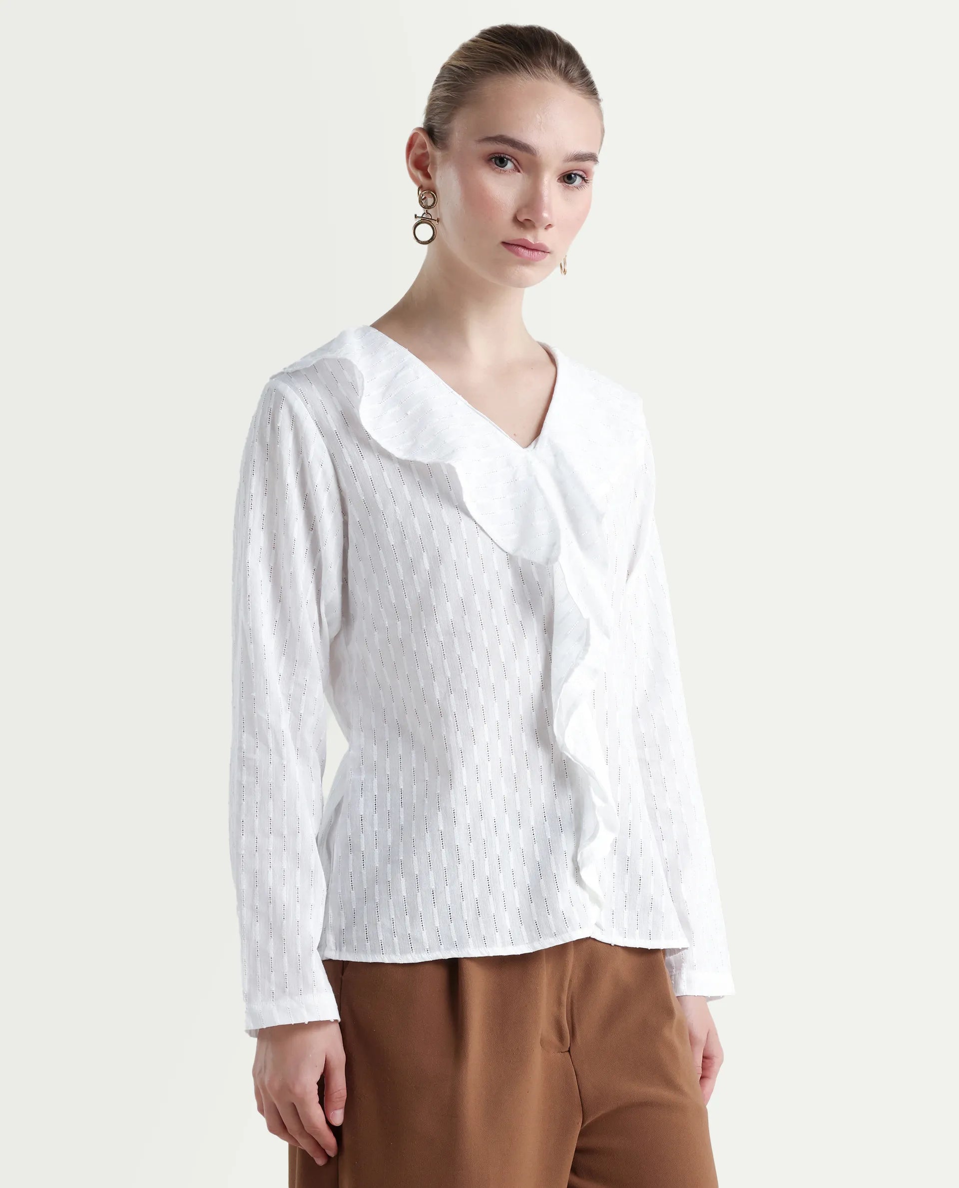Rareism Women's Bowez White Cotton Ruffled Neck Plain Regular Fit Top