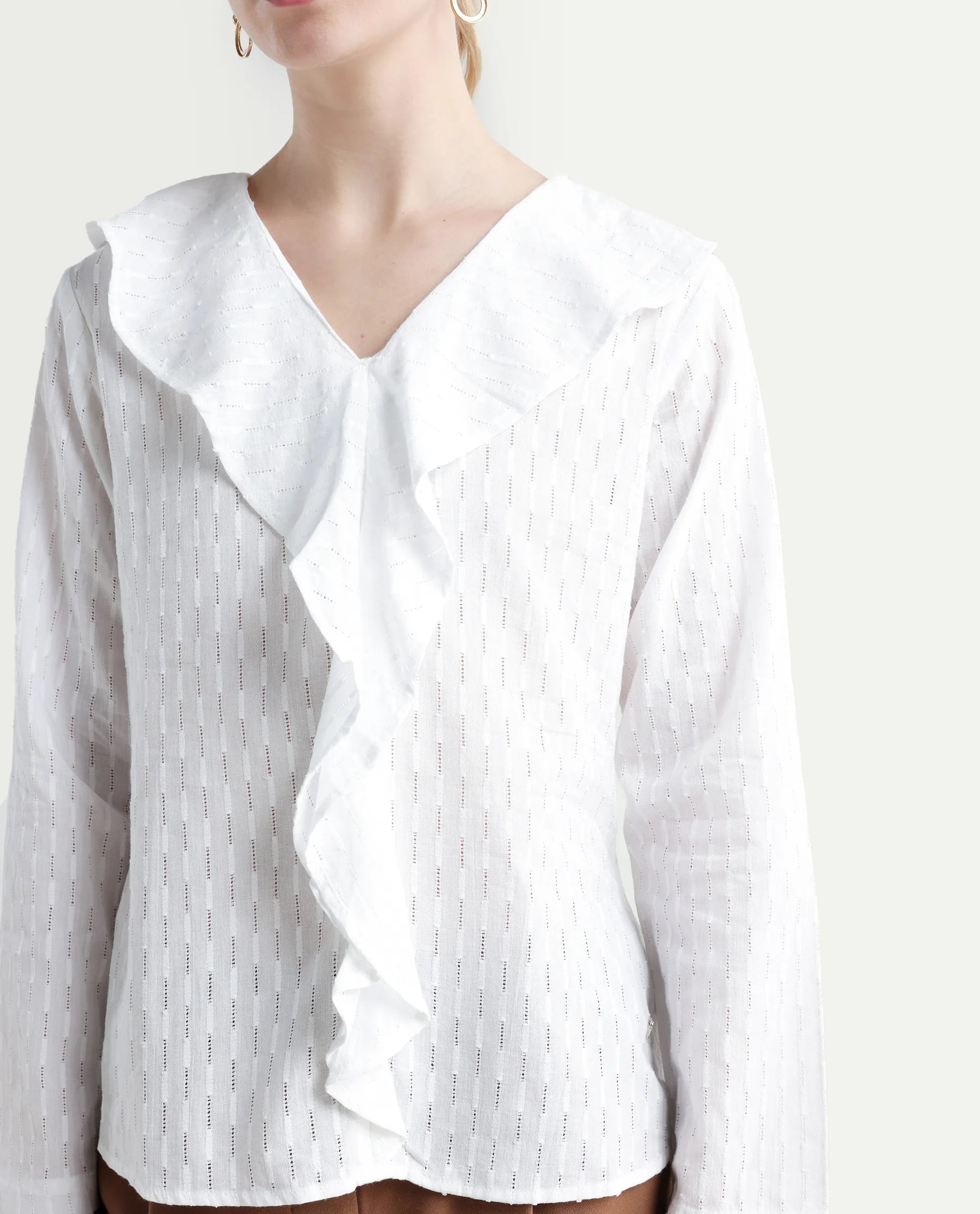Rareism Women's Bowez White Cotton Ruffled Neck Plain Regular Fit Top
