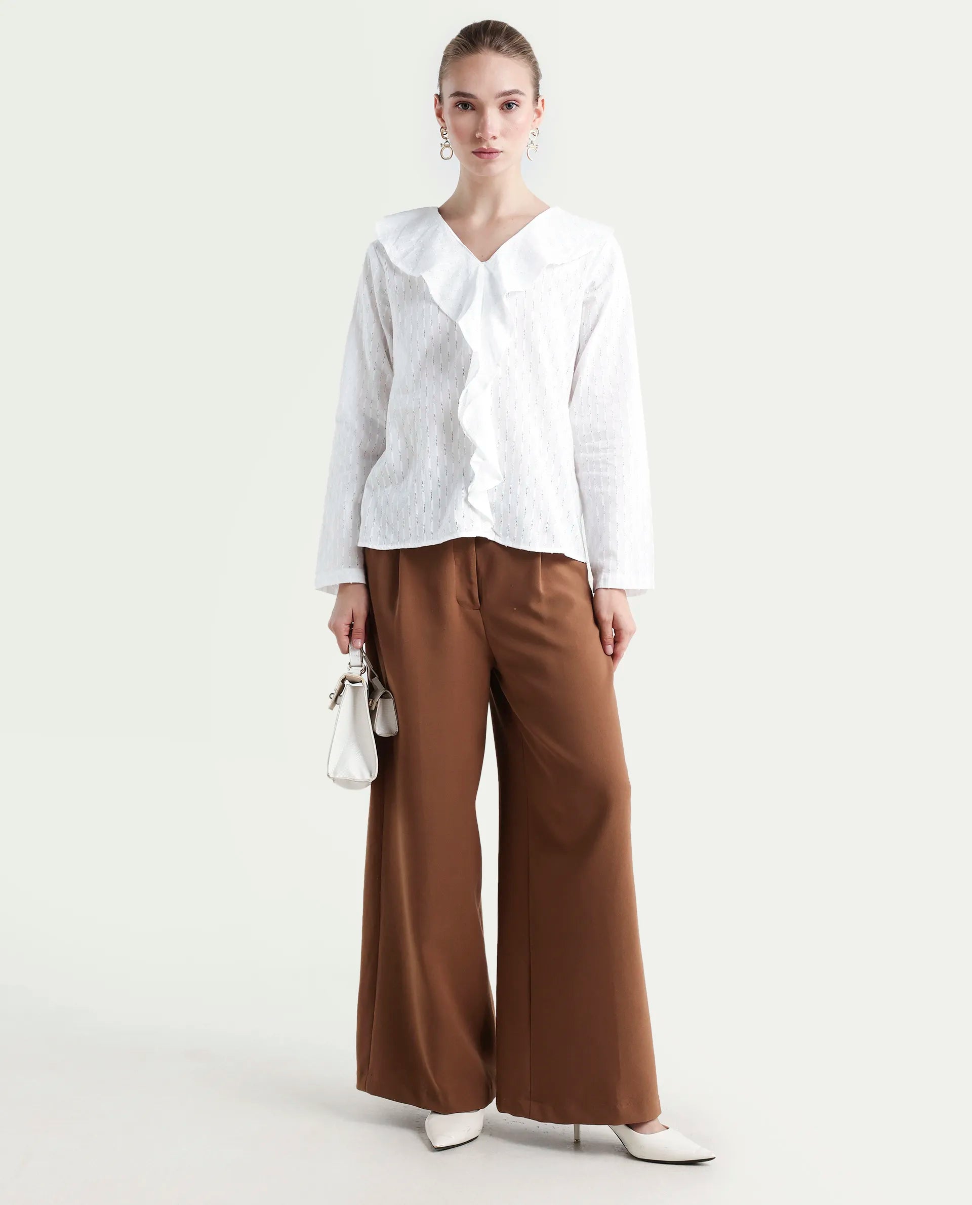 Rareism Women's Bowez White Cotton Ruffled Neck Plain Regular Fit Top
