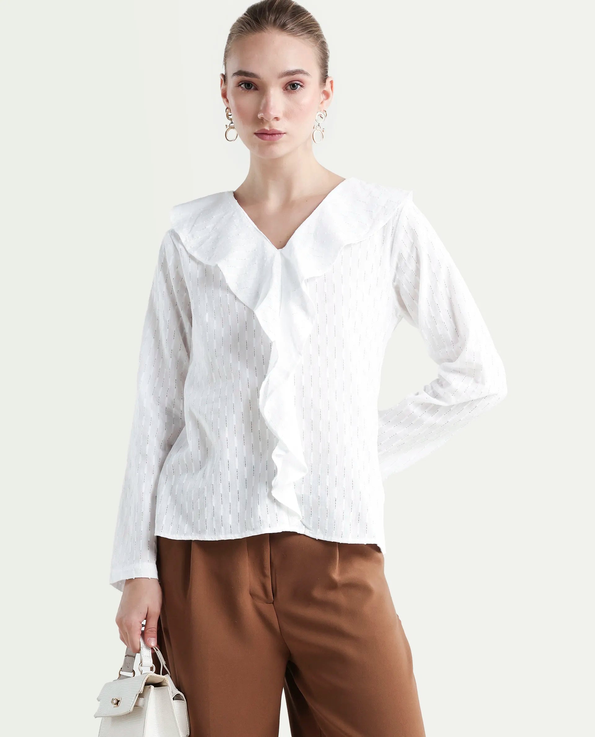 Rareism Women's Bowez White Cotton Ruffled Neck Plain Regular Fit Top