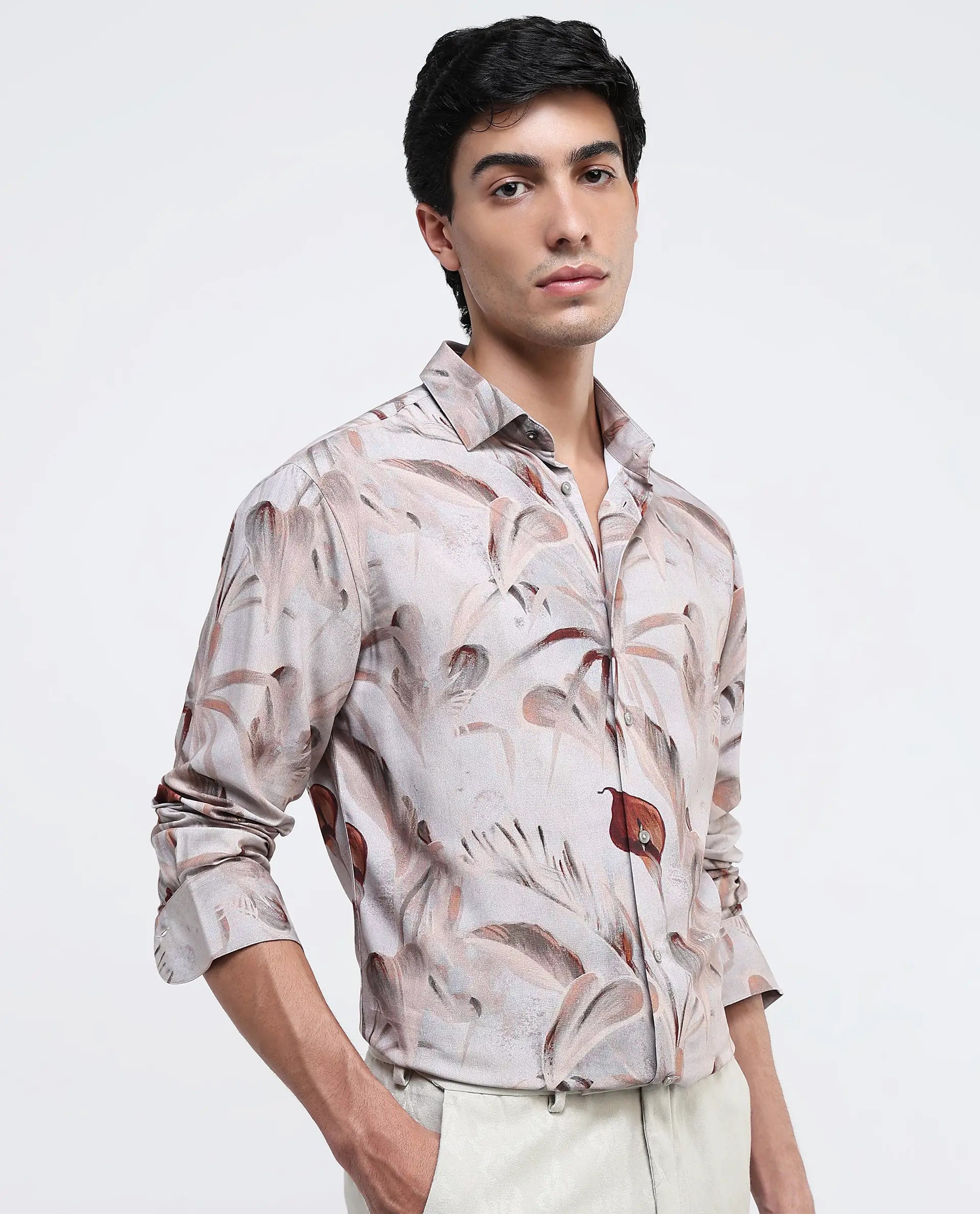 Rare Rabbit Men Bowon-1 Light Brown Cotton Fabric Full Sleeves Tropical Print Shirt