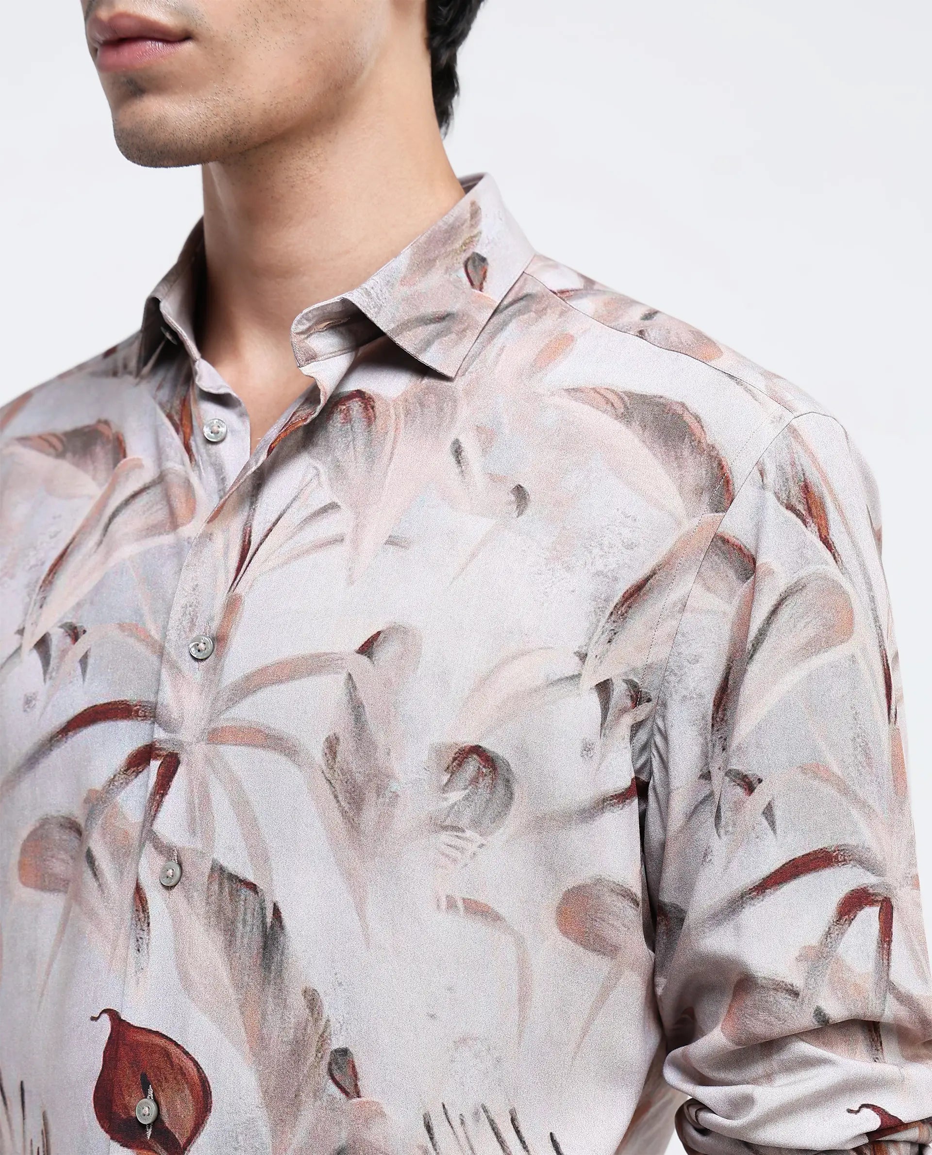 Rare Rabbit Men Bowon-1 Light Brown Cotton Fabric Full Sleeves Tropical Print Shirt