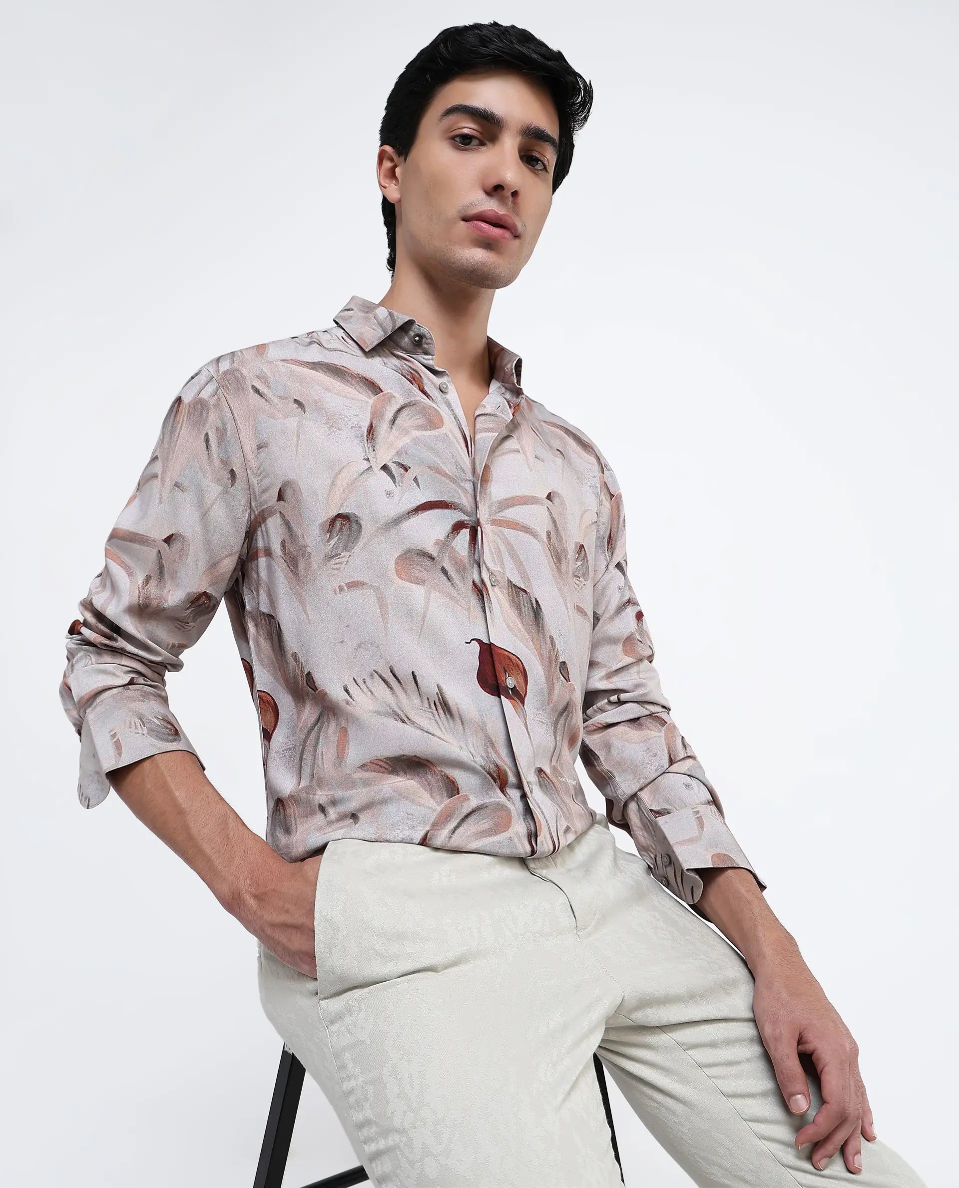 Rare Rabbit Men Bowon-1 Light Brown Cotton Fabric Full Sleeves Tropical Print Shirt