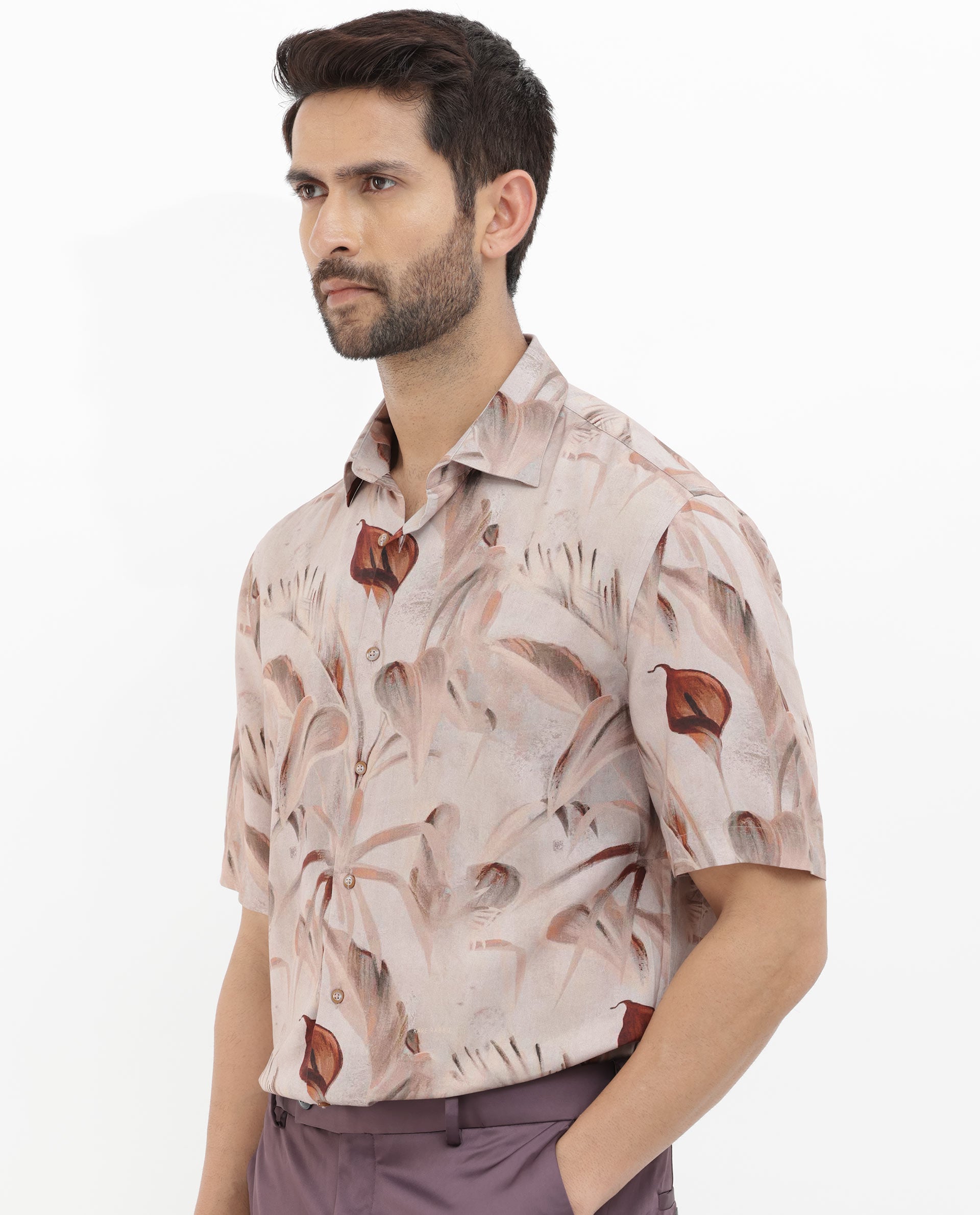 Rare Rabbit Men's Bowon-SS Light Brown Cotton Fabric Half Sleeves Tonal Tropical Print Shirt