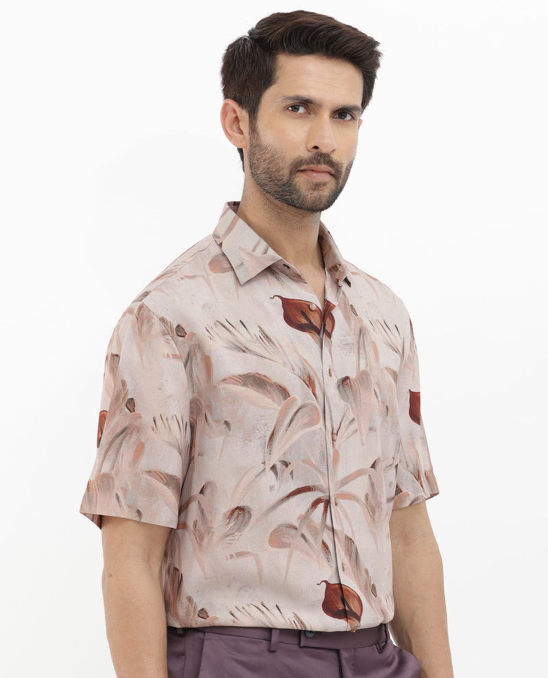 Rare Rabbit Men's Bowon-SS Light Brown Cotton Fabric Half Sleeves Tonal Tropical Print Shirt