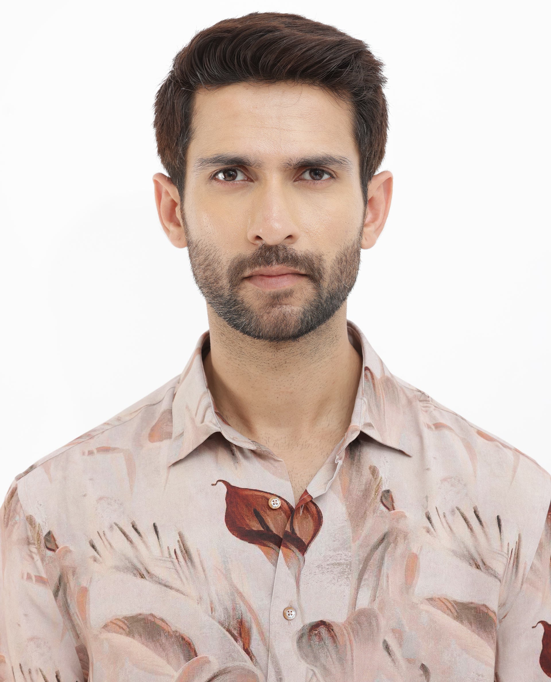 Rare Rabbit Men's Bowon-SS Light Brown Cotton Fabric Half Sleeves Tonal Tropical Print Shirt