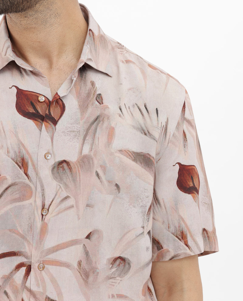 Rare Rabbit Men's Bowon-SS Light Brown Cotton Fabric Half Sleeves Tonal Tropical Print Shirt