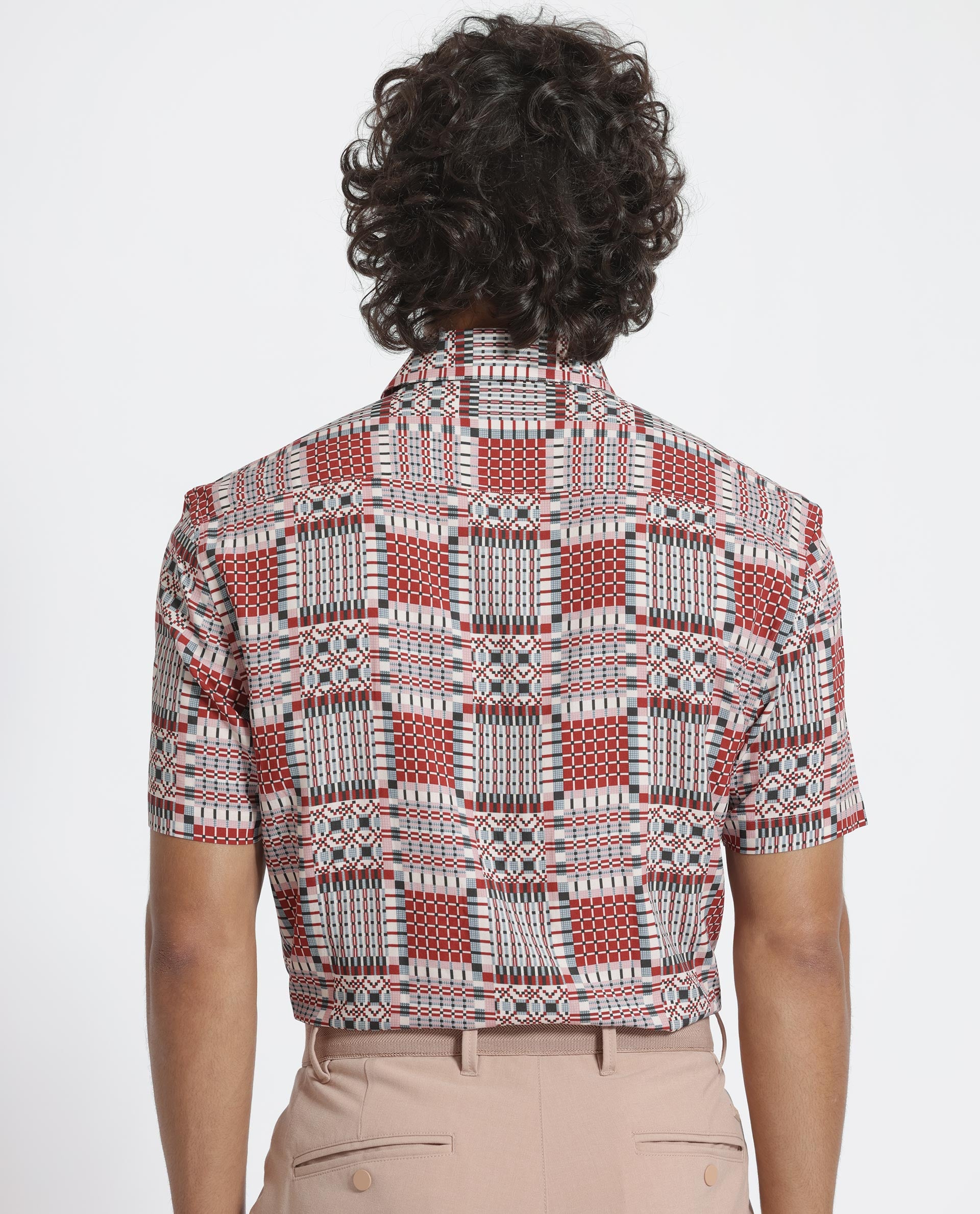 Rare Rabbit Men's Boxem Red Viscose Fabric Geometric Print Half Sleeves Shirt