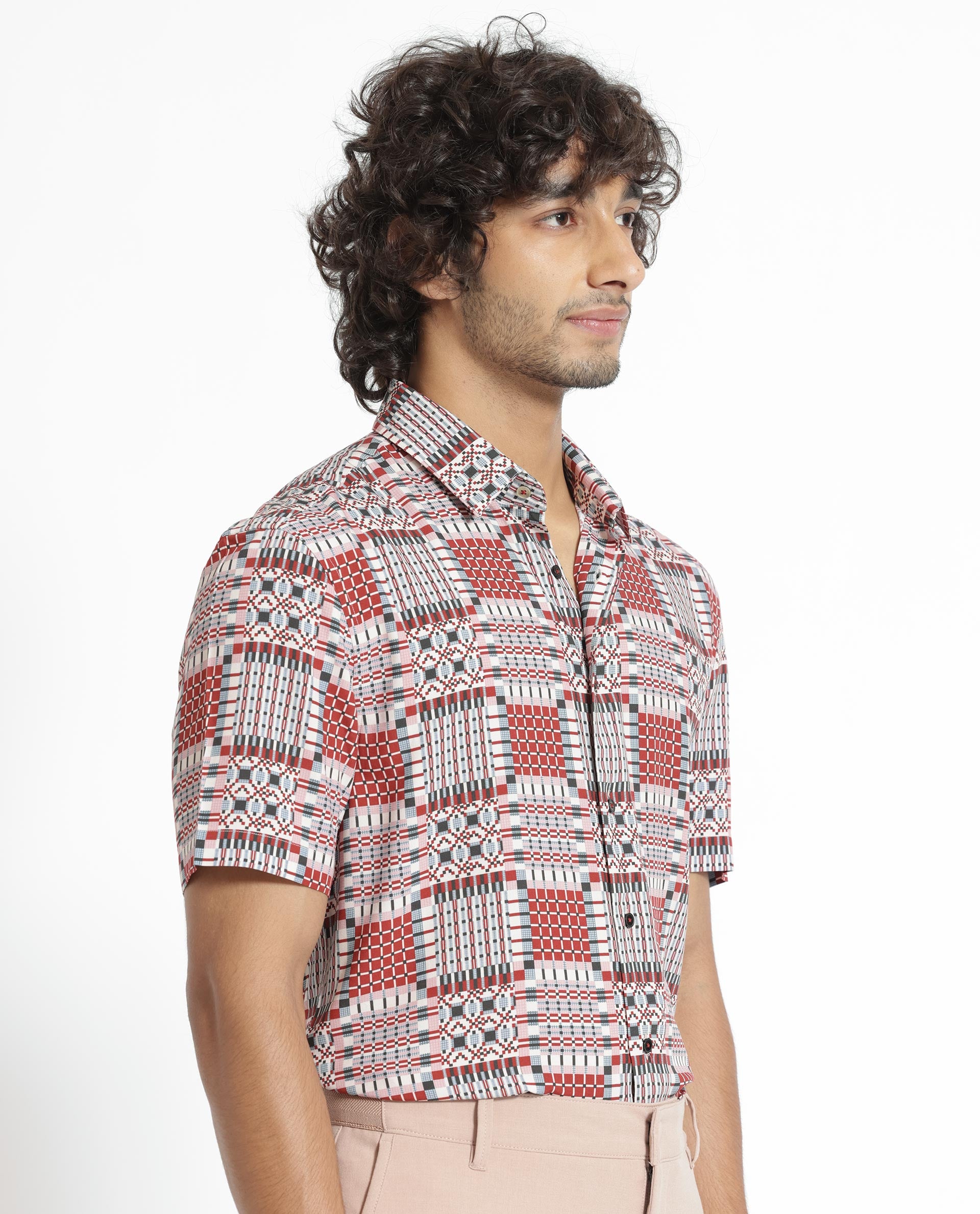 Rare Rabbit Men's Boxem Red Viscose Fabric Geometric Print Half Sleeves Shirt