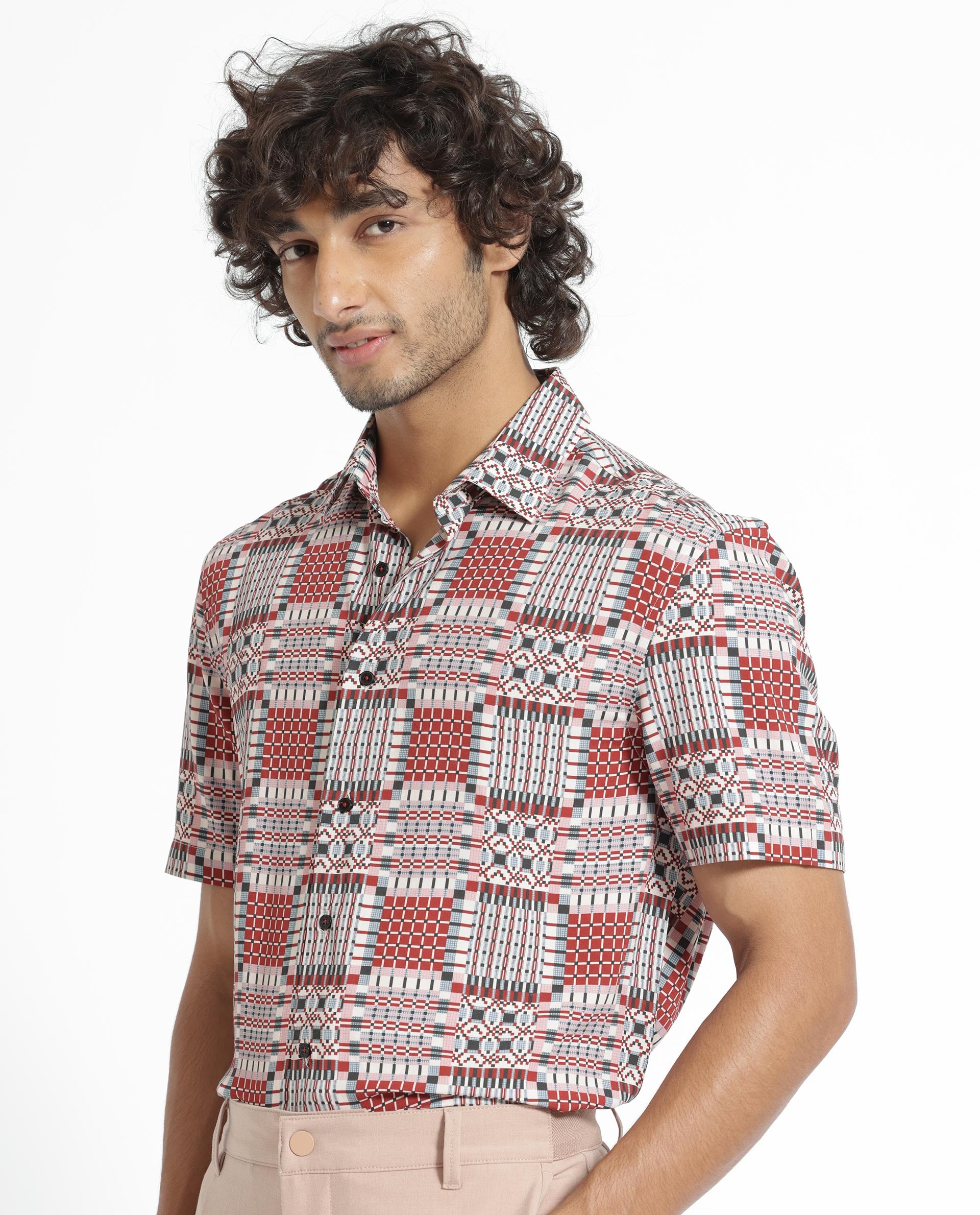 Rare Rabbit Men's Boxem Red Viscose Fabric Geometric Print Half Sleeves Shirt