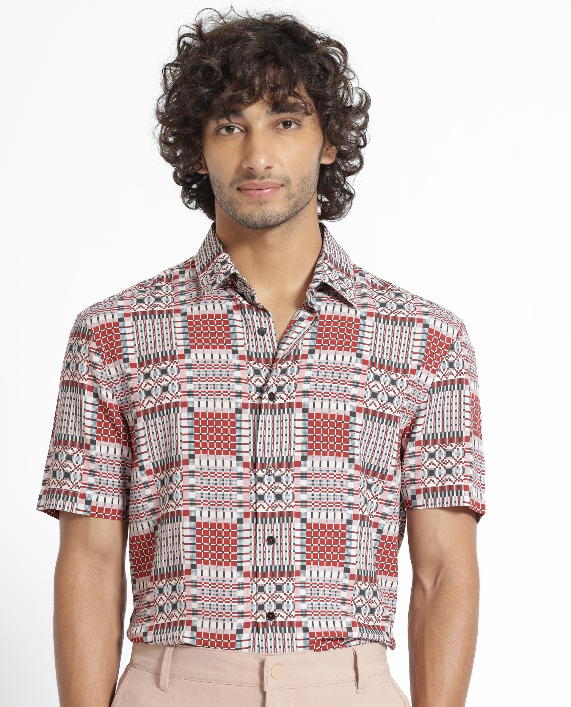 Rare Rabbit Men's Boxem Red Viscose Fabric Geometric Print Half Sleeves Shirt