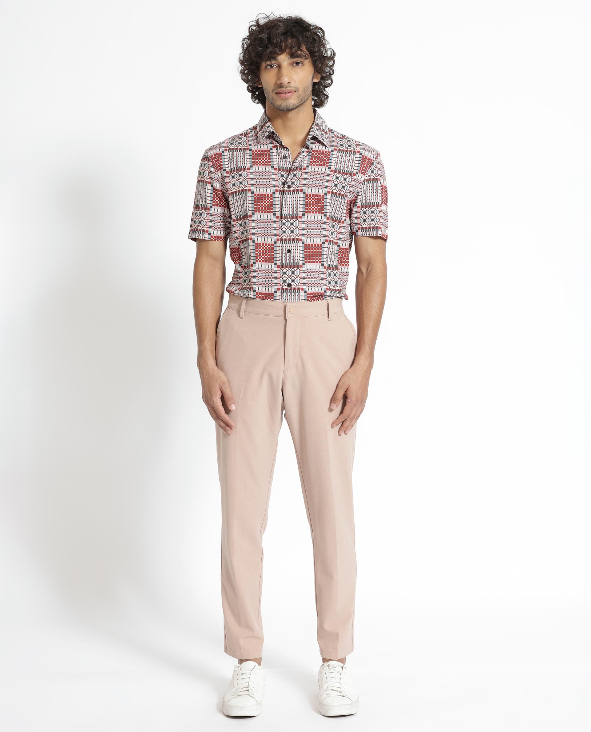 Rare Rabbit Men's Boxem Red Viscose Fabric Geometric Print Half Sleeves Shirt