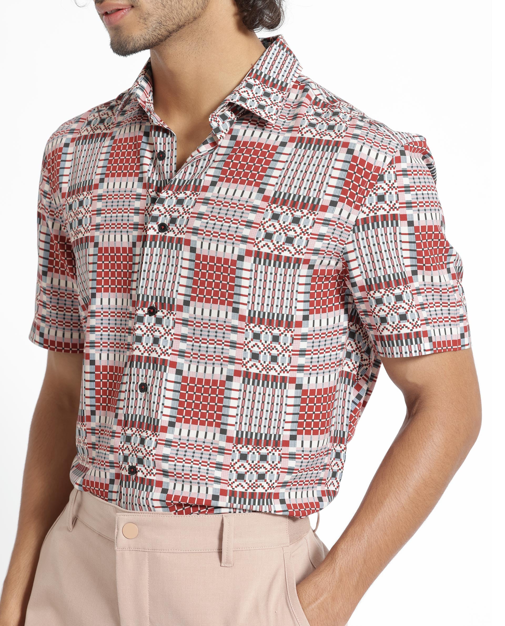 Rare Rabbit Men's Boxem Red Viscose Fabric Geometric Print Half Sleeves Shirt