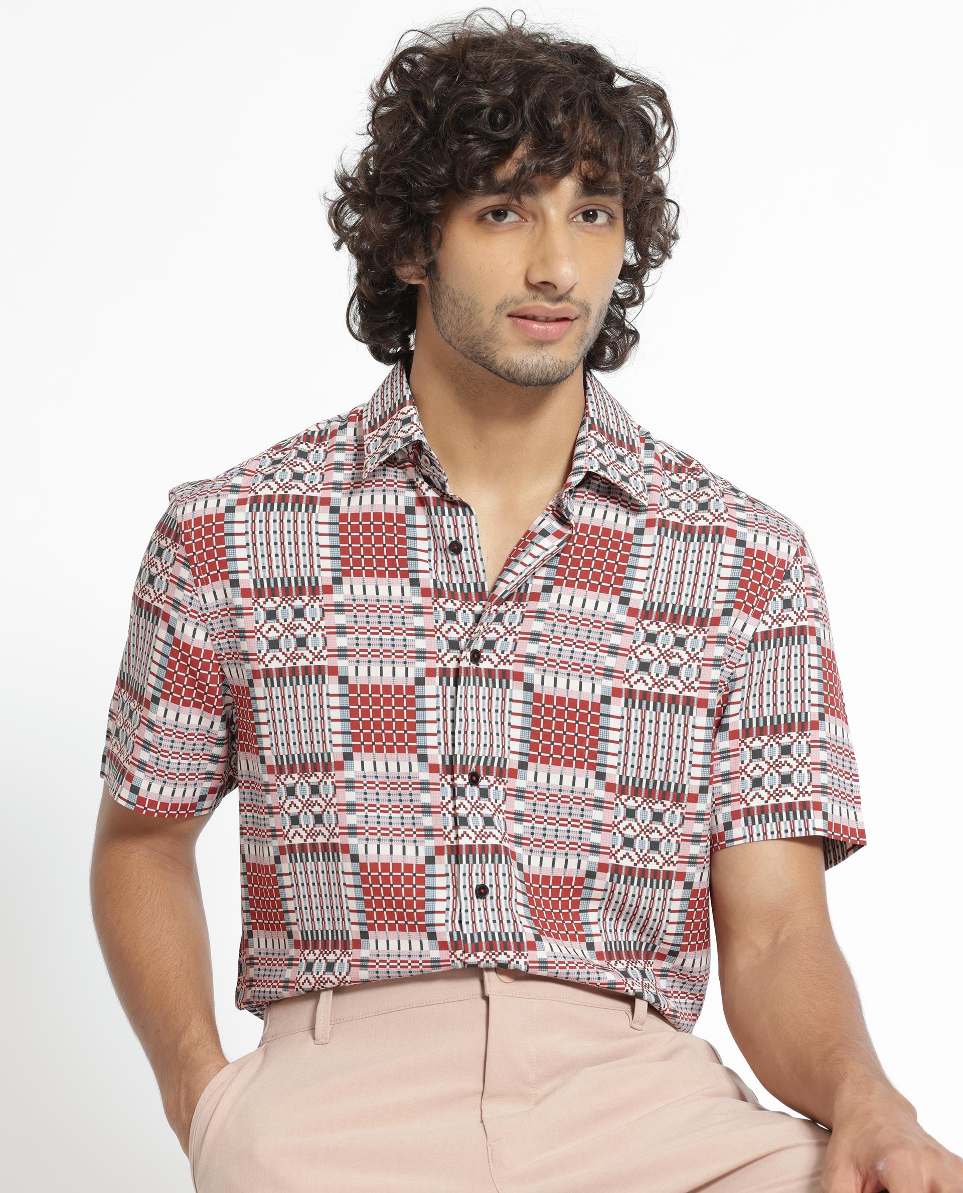 Rare Rabbit Men's Boxem Red Viscose Fabric Geometric Print Half Sleeves Shirt