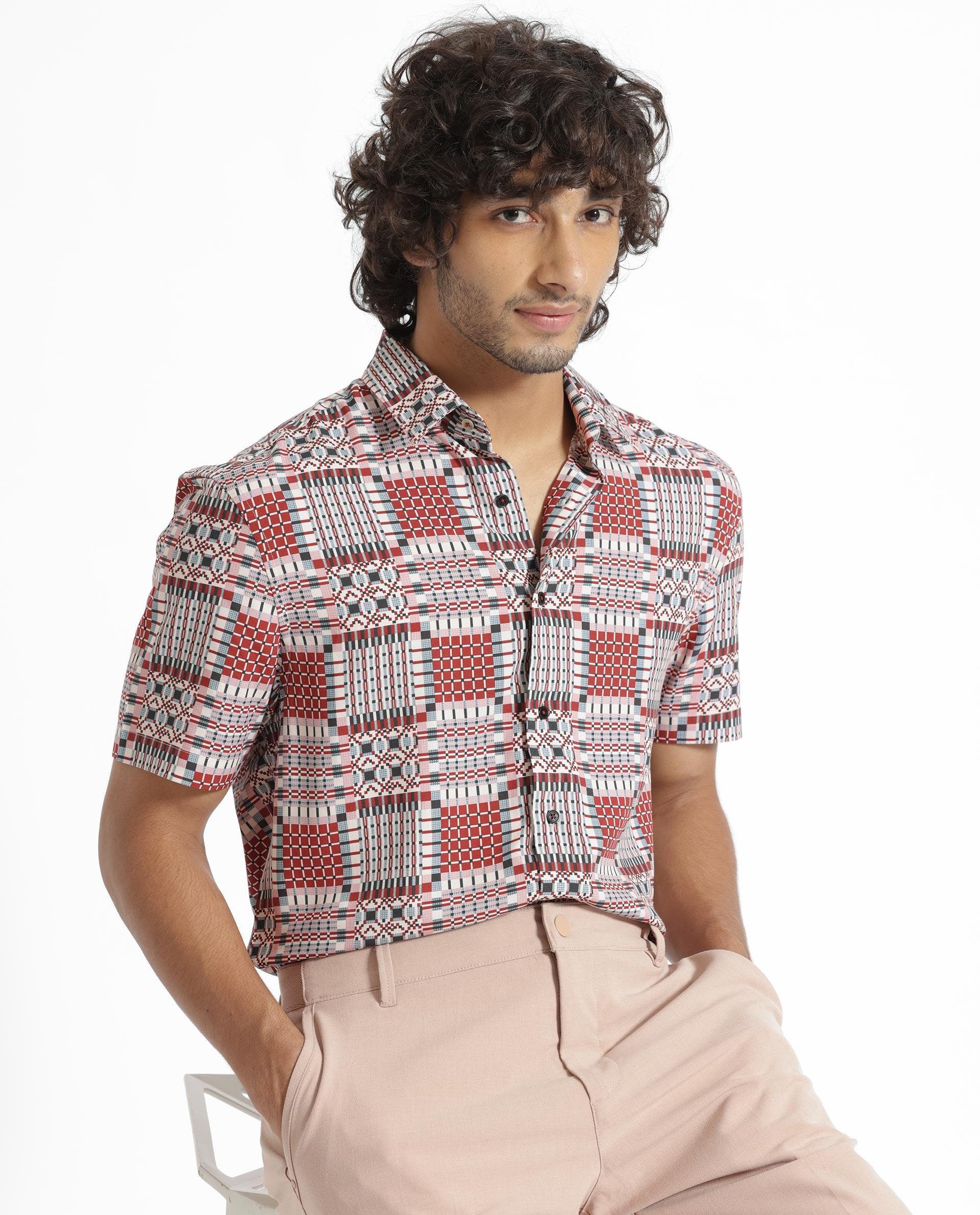 Rare Rabbit Men's Boxem Red Viscose Fabric Geometric Print Half Sleeves Shirt