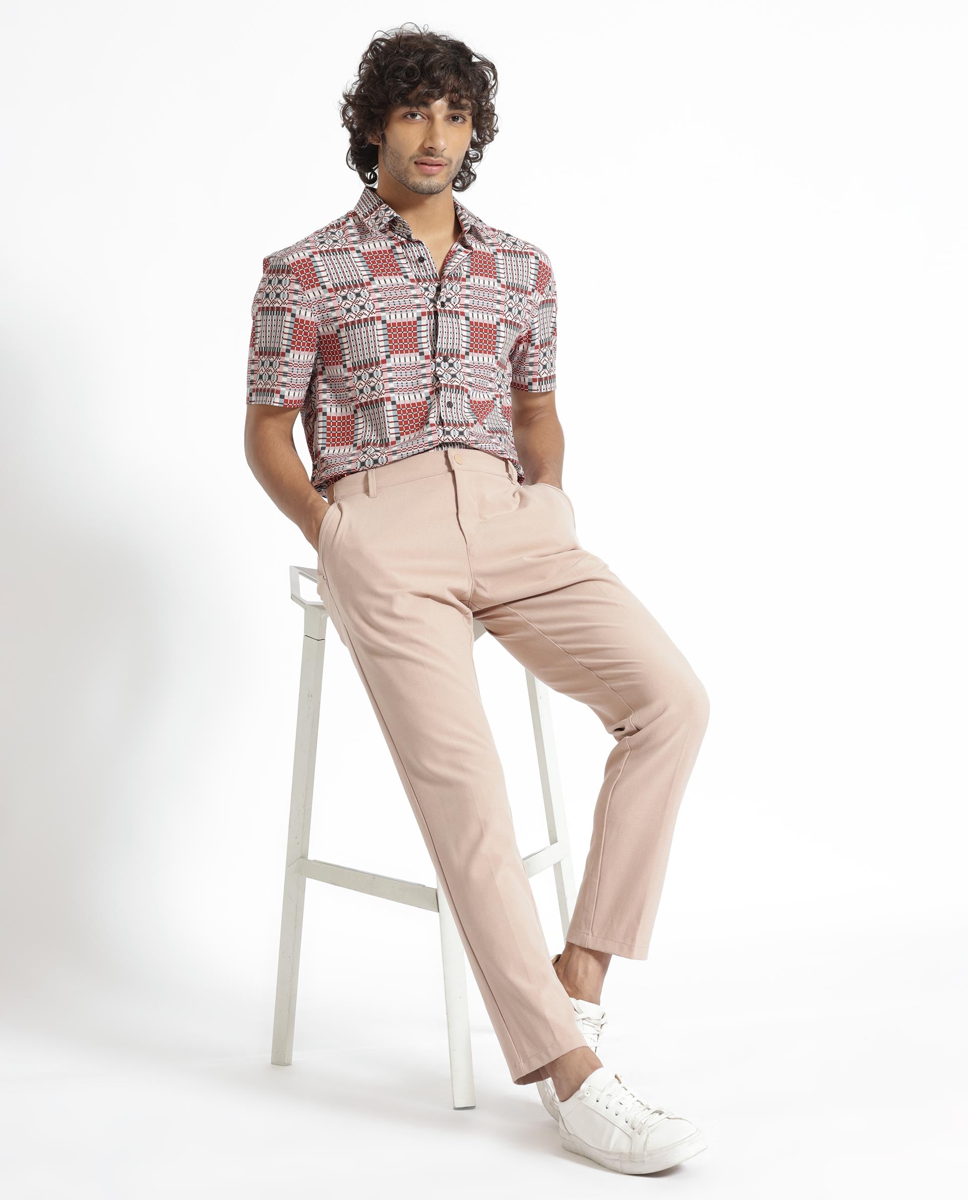 Rare Rabbit Men's Boxem Red Viscose Fabric Geometric Print Half Sleeves Shirt