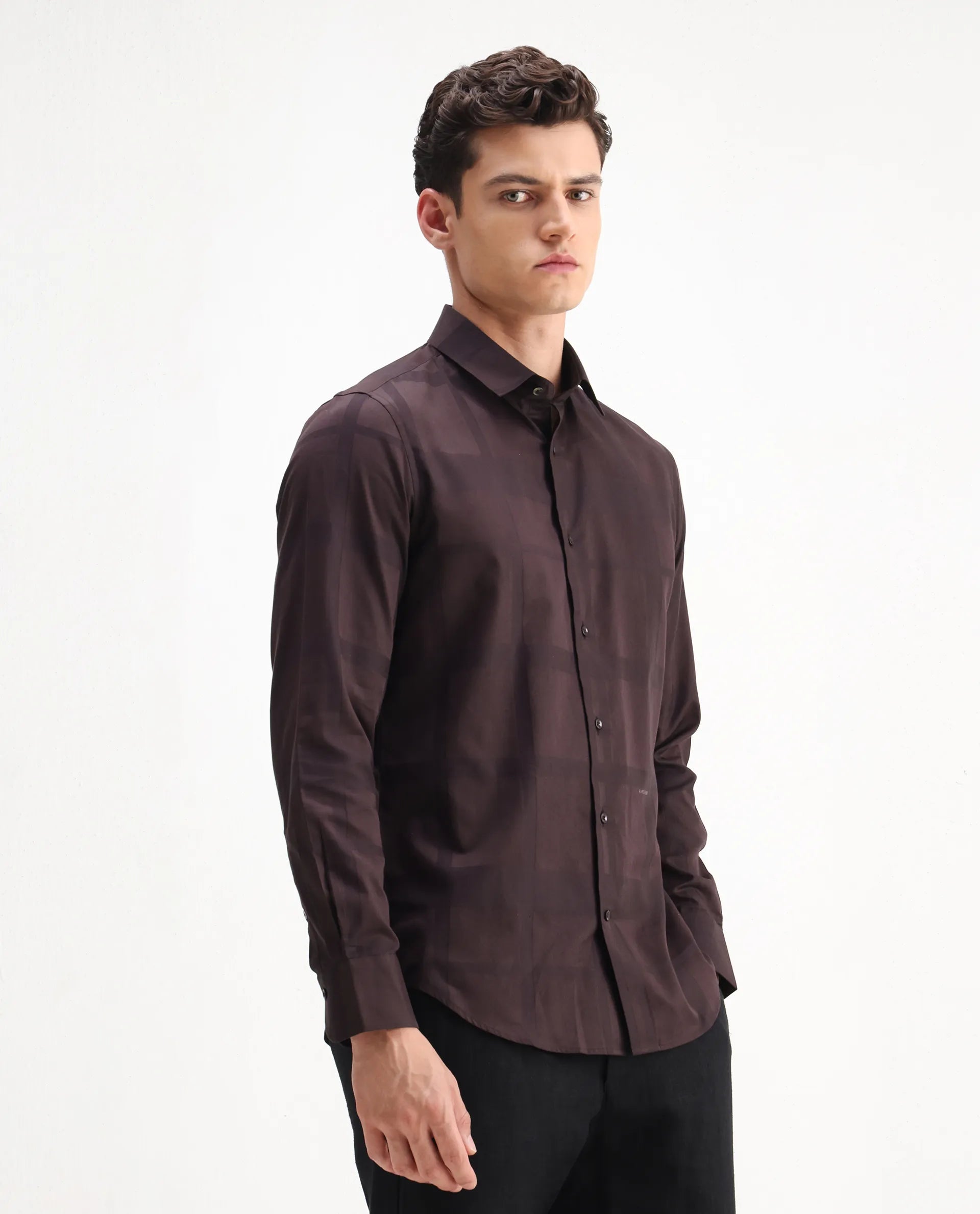 Rare Rabbit Men's Boxlet 25 Coffee Cotton Blend Checked Print Regular Fit Full Sleeve Collared Shirt