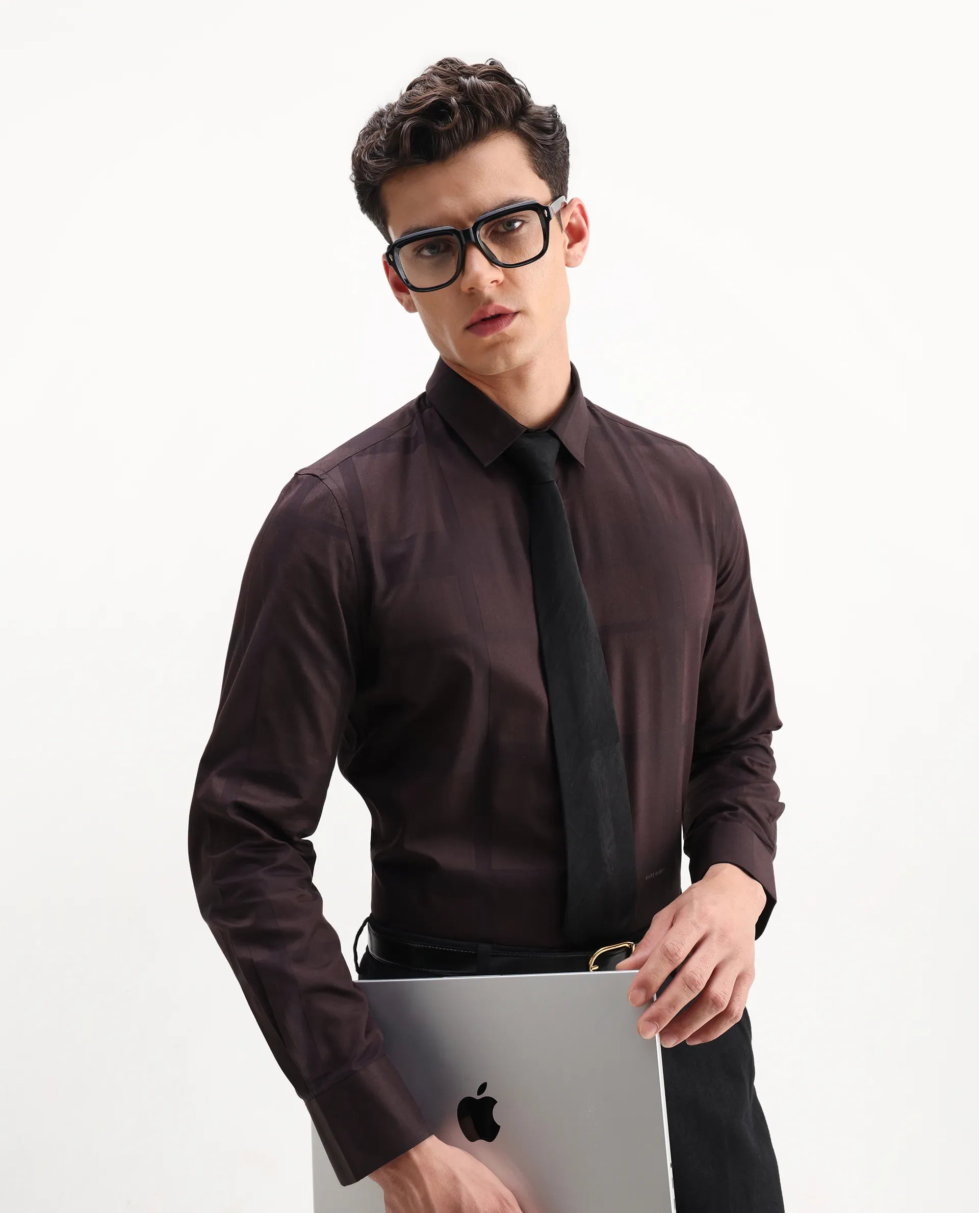 Rare Rabbit Men's Boxlet 25 Coffee Cotton Blend Checked Print Regular Fit Full Sleeve Collared Shirt