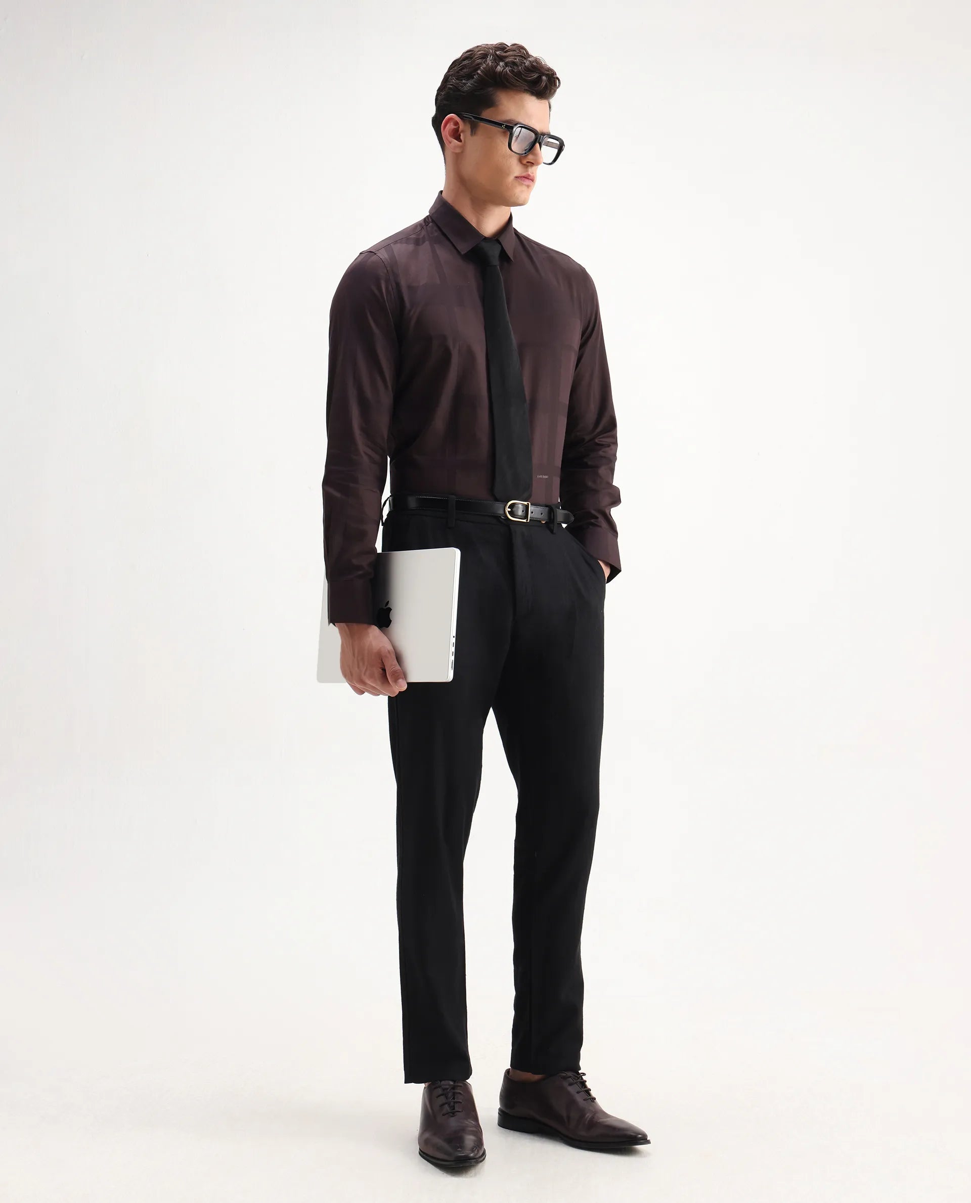 Rare Rabbit Men's Boxlet 25 Coffee Cotton Blend Checked Print Regular Fit Full Sleeve Collared Shirt