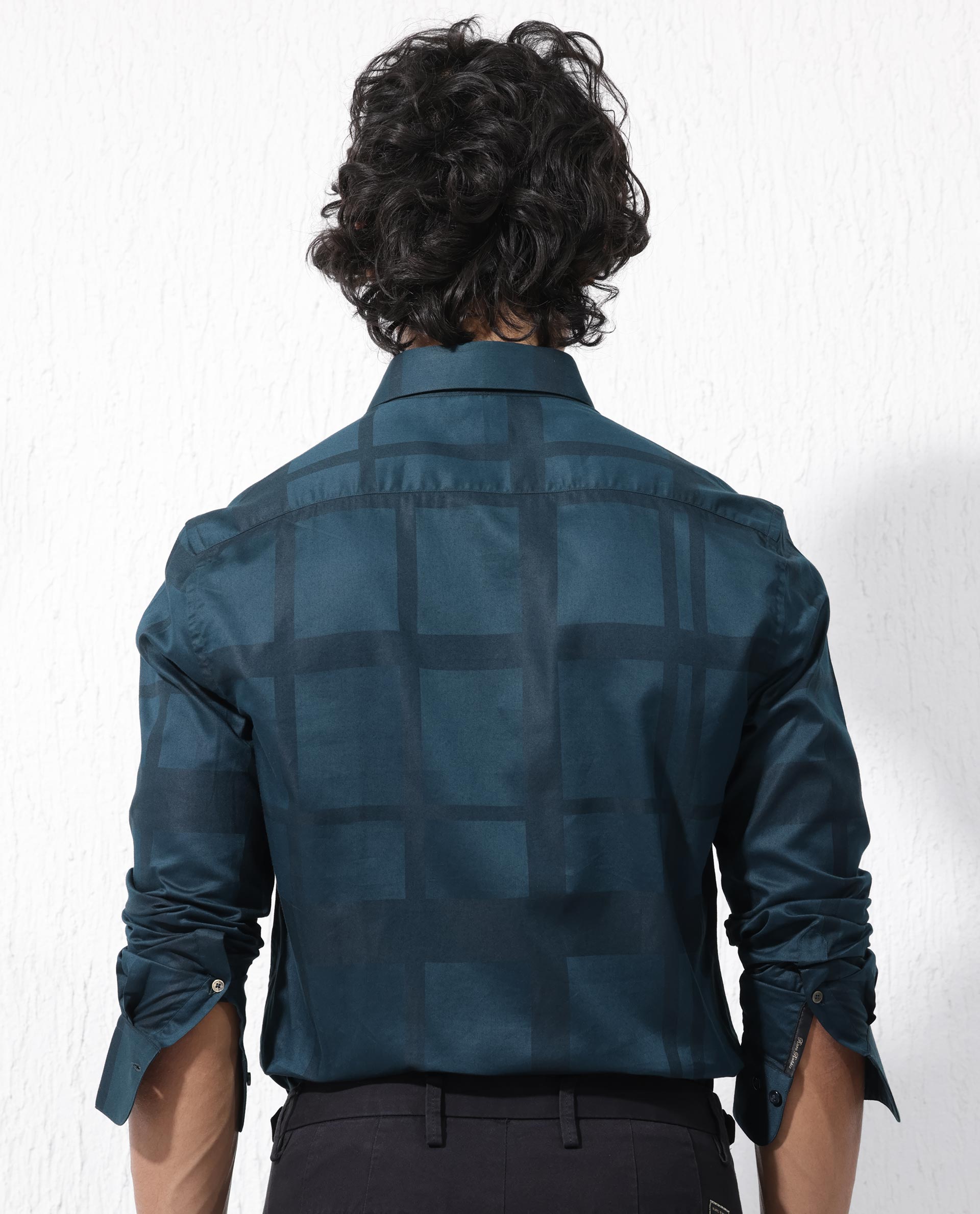 Rare Rabbit Men's Boxline5 Dark Teal Cotton Blend Checked Print Regula