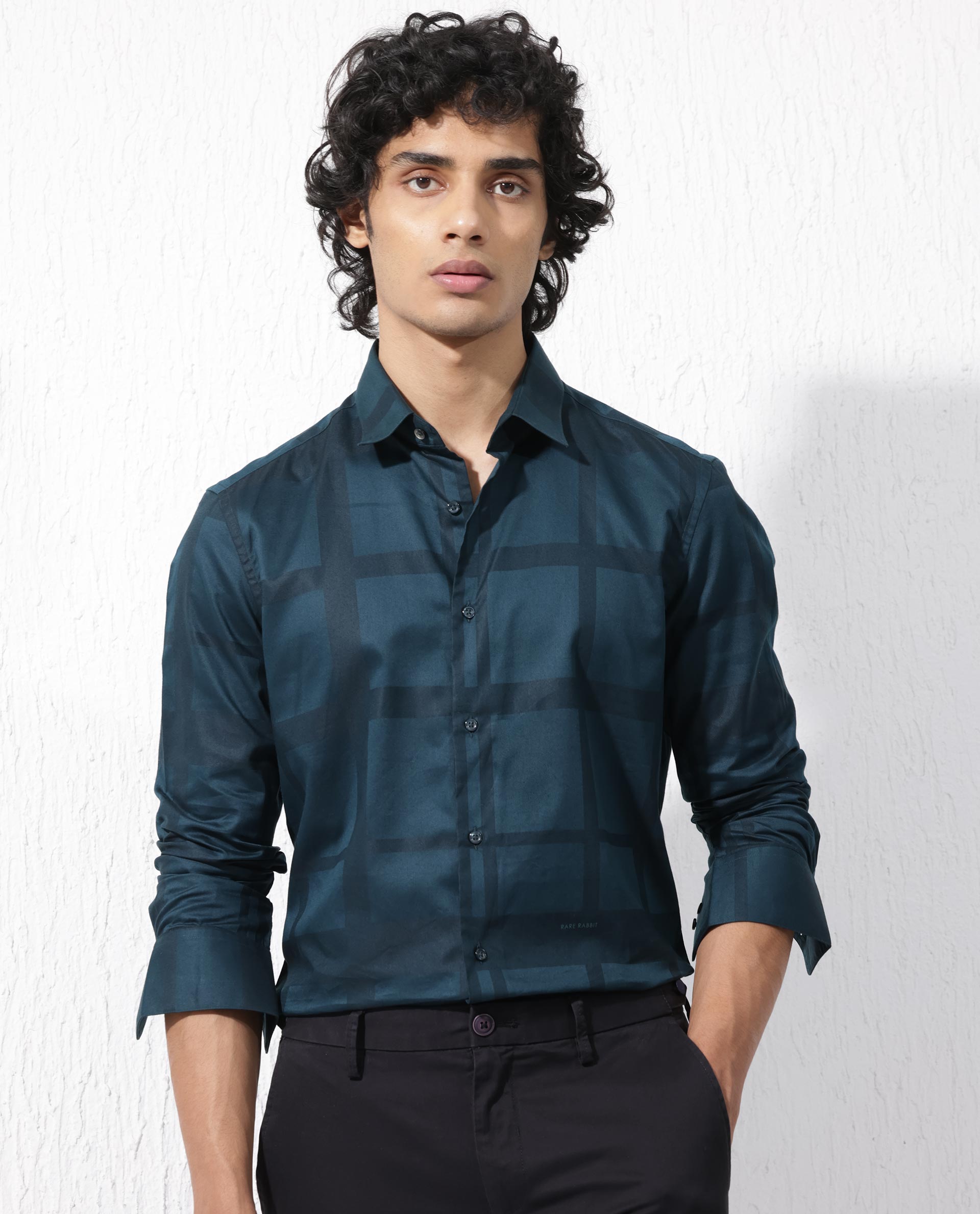 Rare Rabbit Men's Boxline- 5 Dark Teal Cotton Lyocell Fabric Full Sleeves Checks Shirt