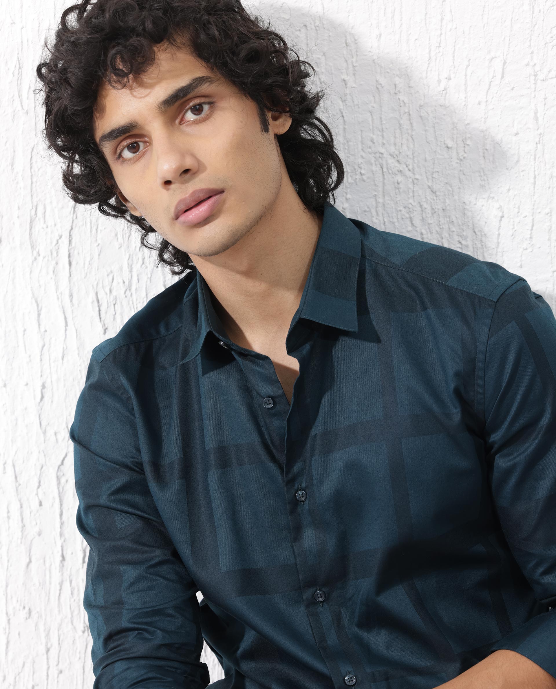 Rare Rabbit Men's Boxline- 5 Dark Teal Cotton Lyocell Fabric Full Sleeves Checks Shirt