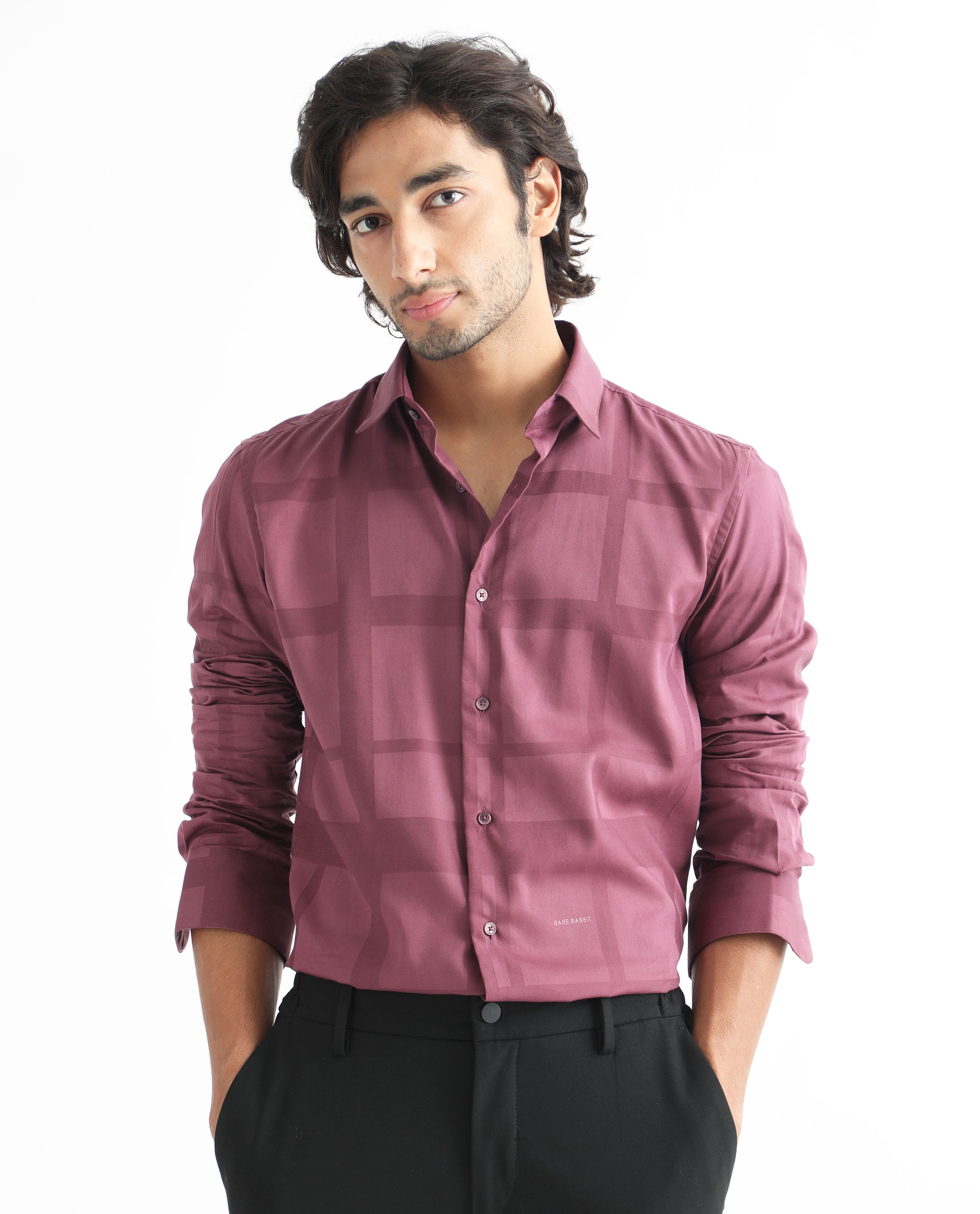 Rare Rabbit Men's Boxline Maroon Cotton Lyocell Fabric Full Sleeves Checks Print Shirt