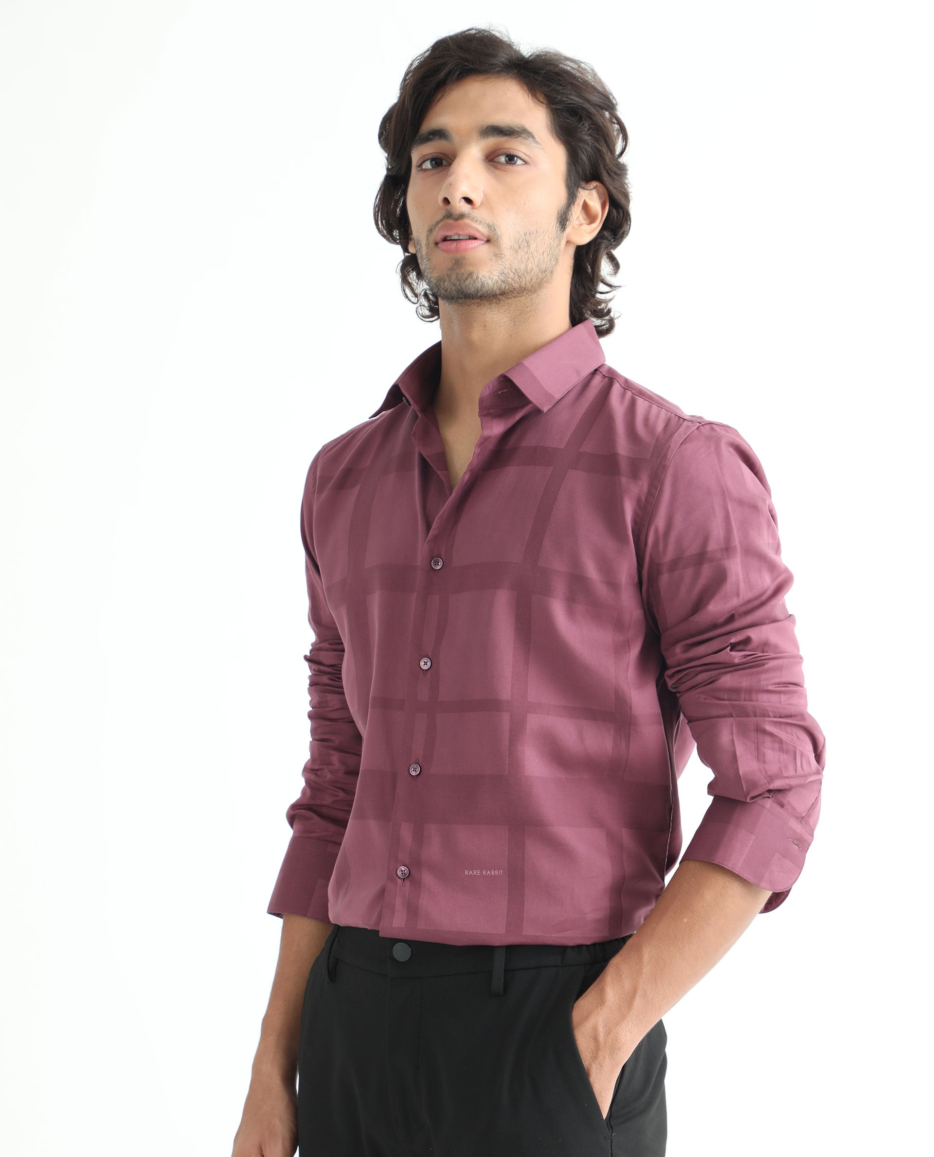 Rare Rabbit Men's Boxline Maroon Cotton Lyocell Fabric Full Sleeves Checks Print Shirt