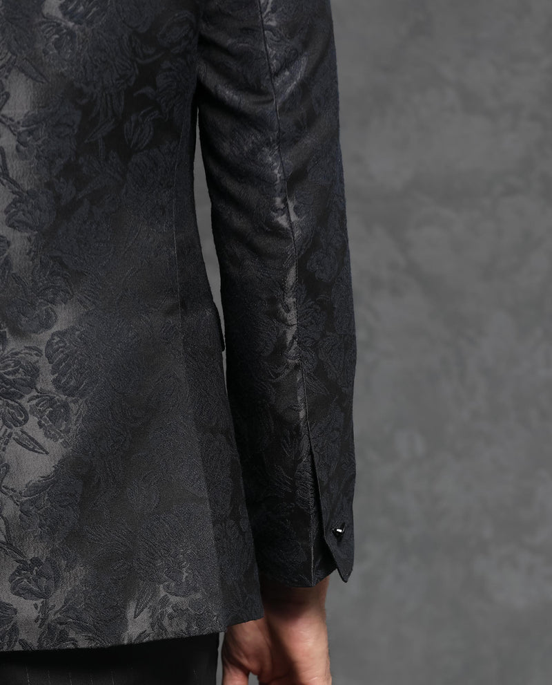 Rare Rabbit Men's Boxton Black Polyester Fabric Satin Peak Lapel Single Breasted Tailored Fit Floral Jacquard Blazer
