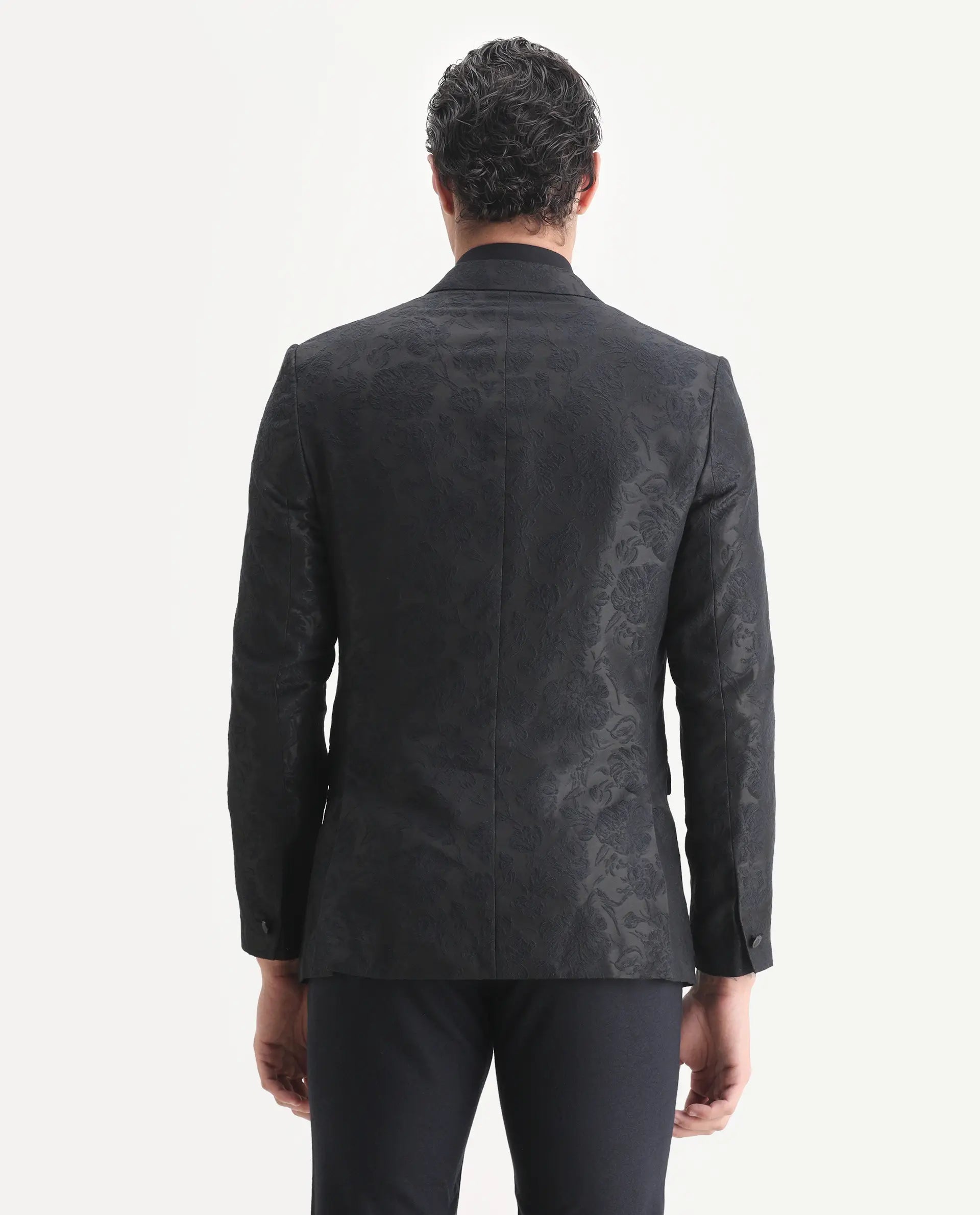 Rare Rabbit Men's Boxton Black Polyester Jacquard Tailored Fit Full Sleeve Lapel Neck Blazer