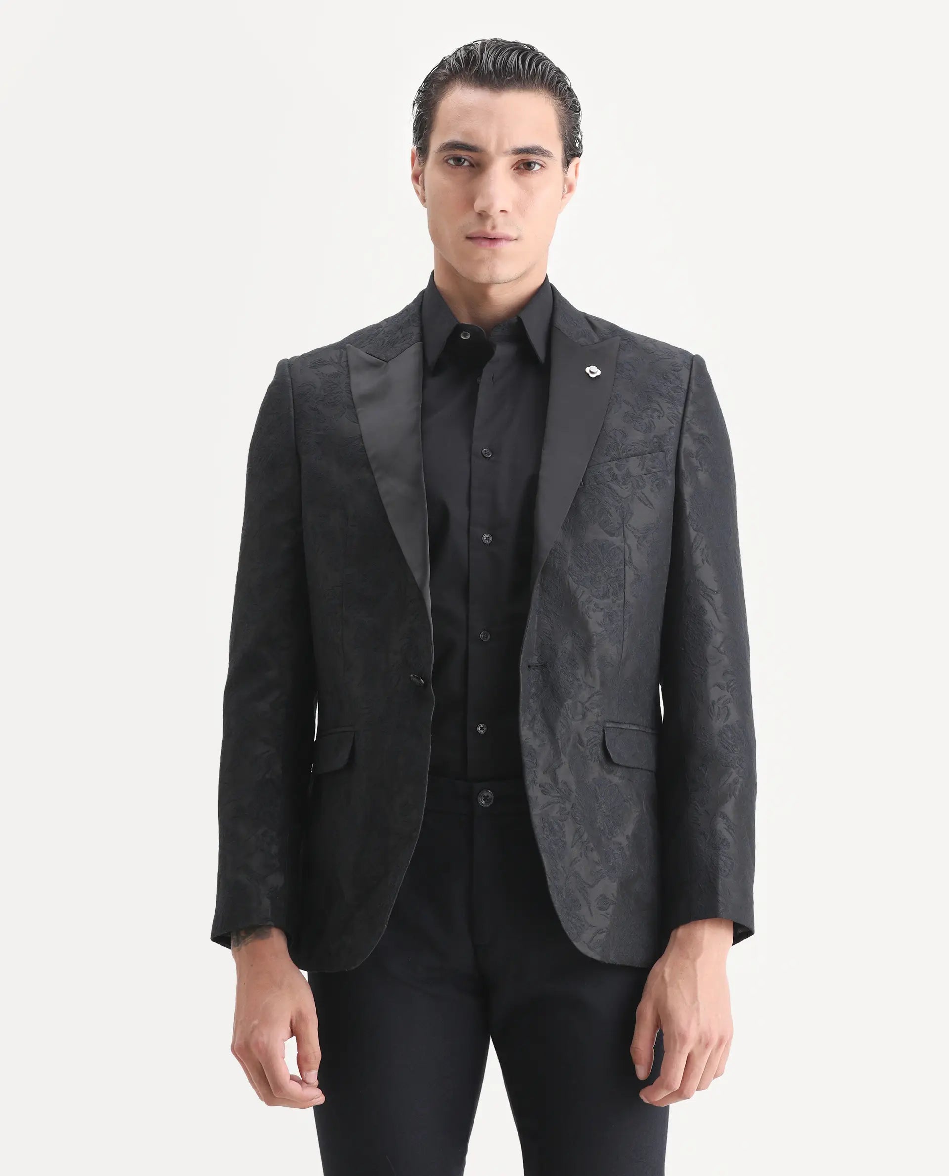 Rare Rabbit Men's Boxton Black Polyester Jacquard Tailored Fit Full Sleeve Lapel Neck Blazer