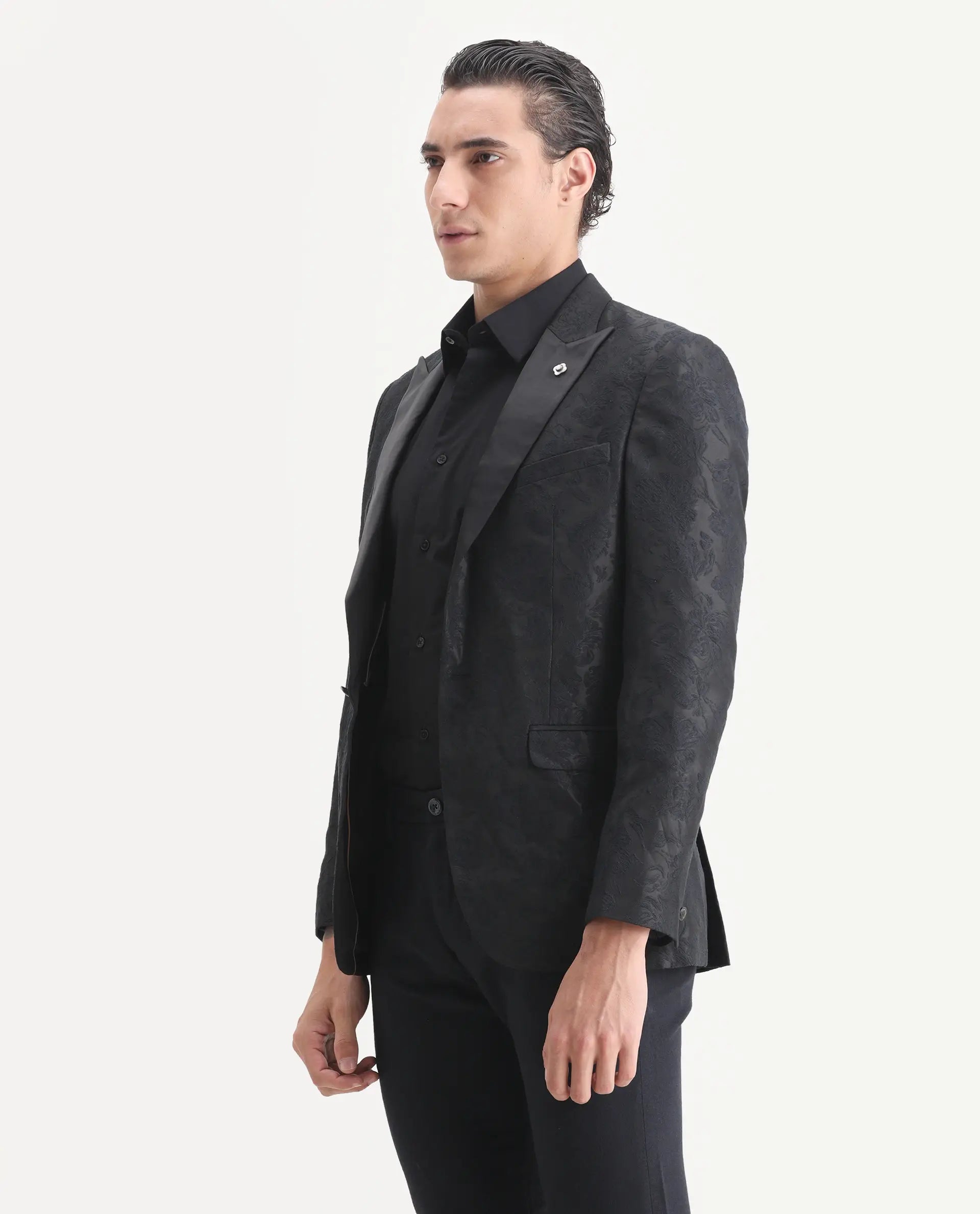 Rare Rabbit Men's Boxton Black Polyester Jacquard Tailored Fit Full Sleeve Lapel Neck Blazer