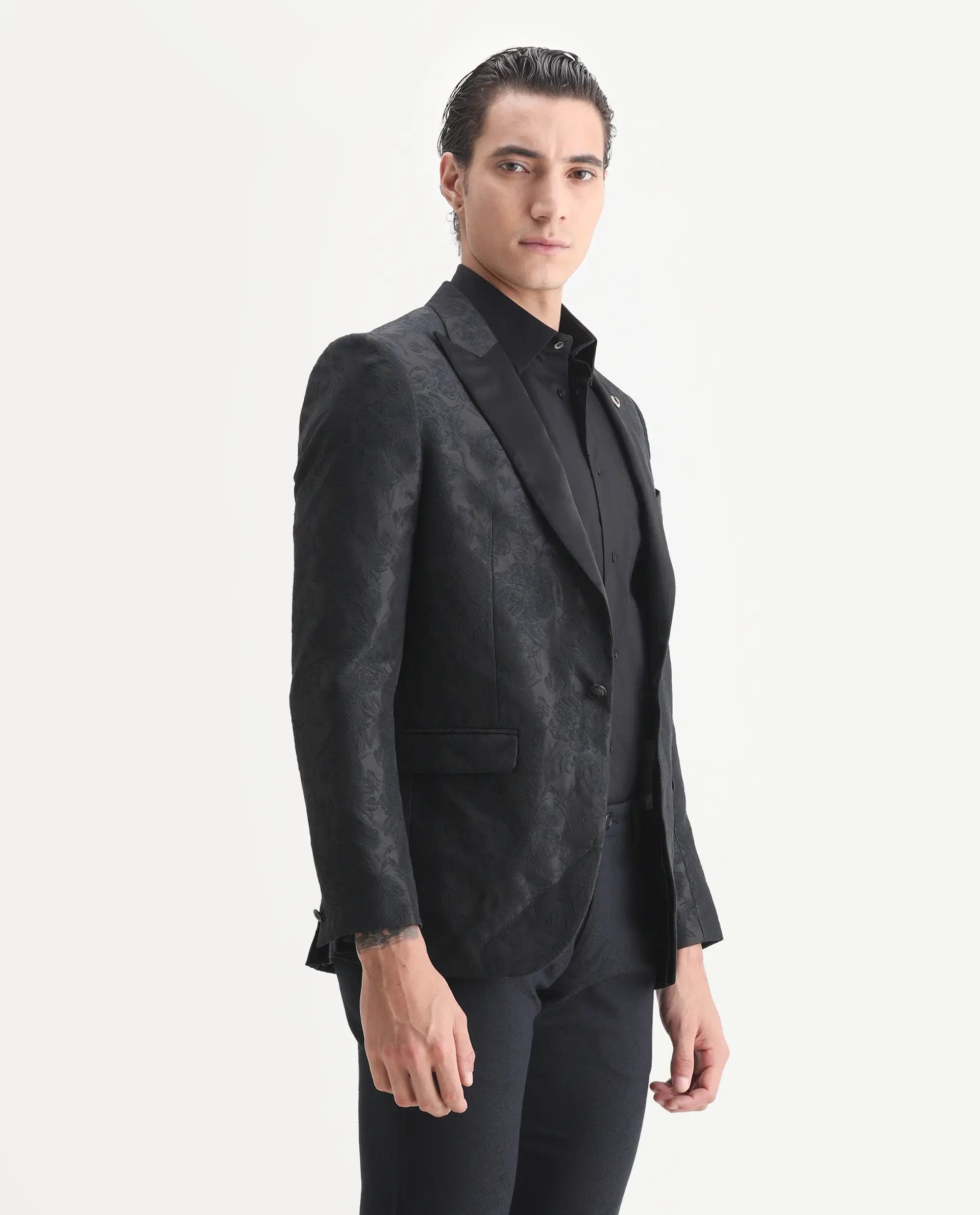 Rare Rabbit Men's Boxton Black Polyester Jacquard Tailored Fit Full Sleeve Lapel Neck Blazer