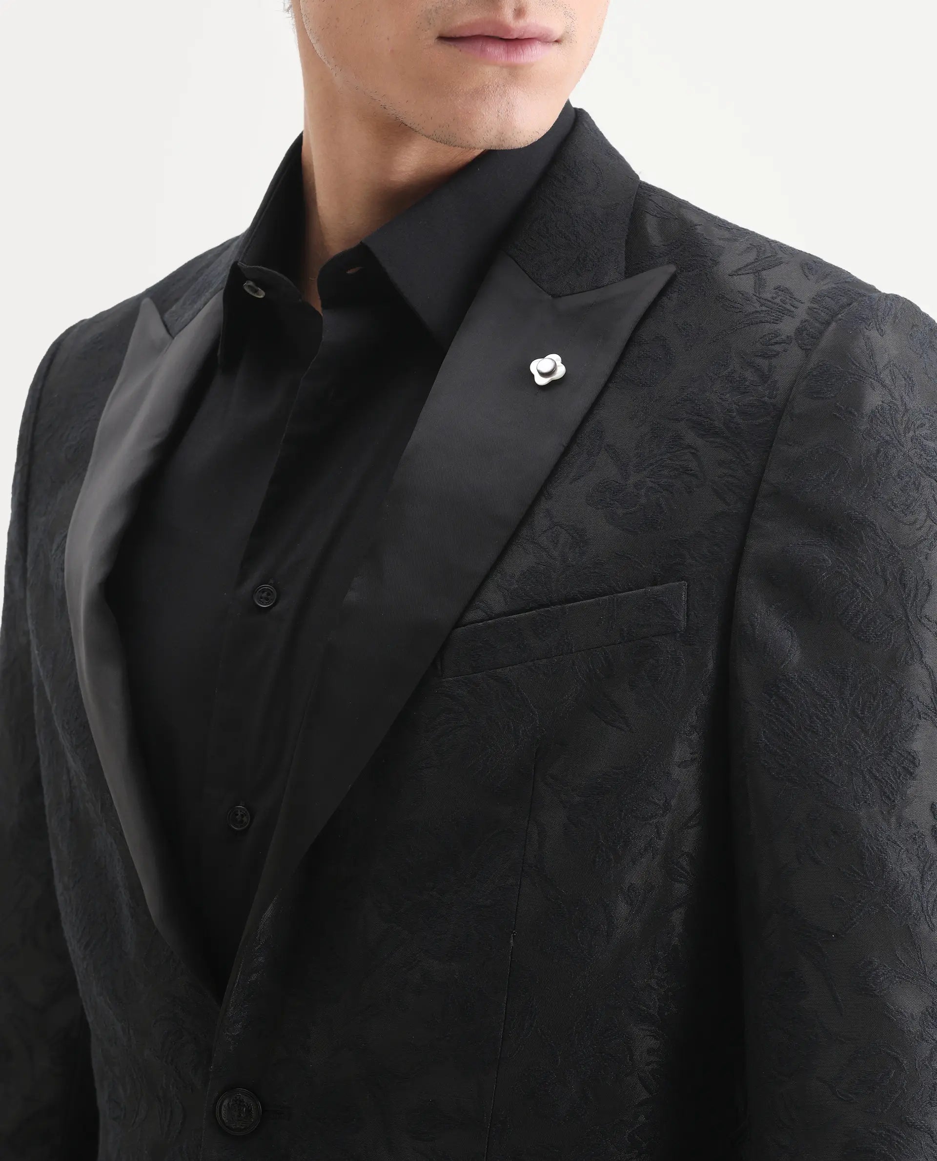 Rare Rabbit Men's Boxton Black Polyester Jacquard Tailored Fit Full Sleeve Lapel Neck Blazer