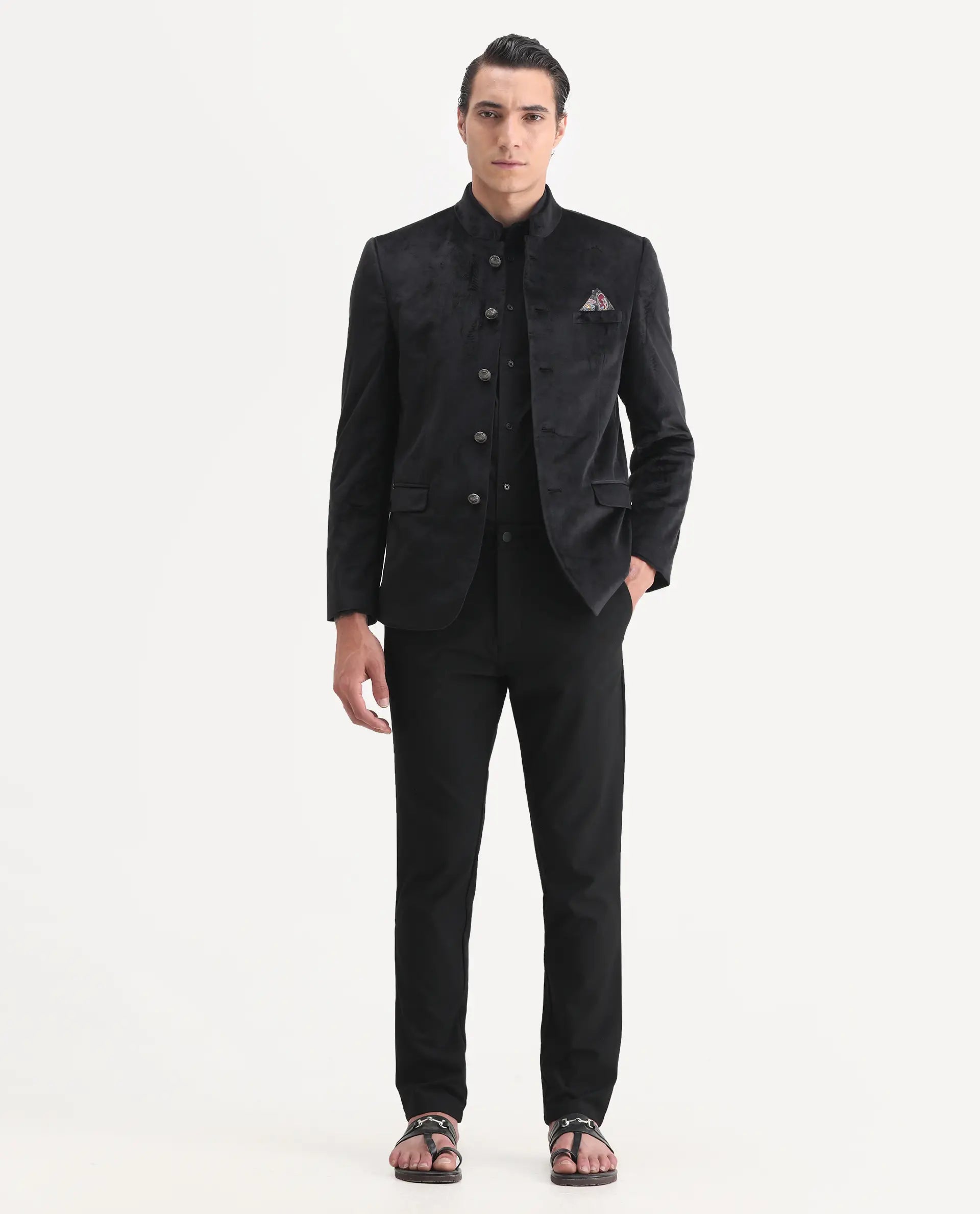 Rare Rabbit Men's Bozelli Black Velvet Plain Tailored Fit Full Sleeve Mandarin Collar Bandhgala