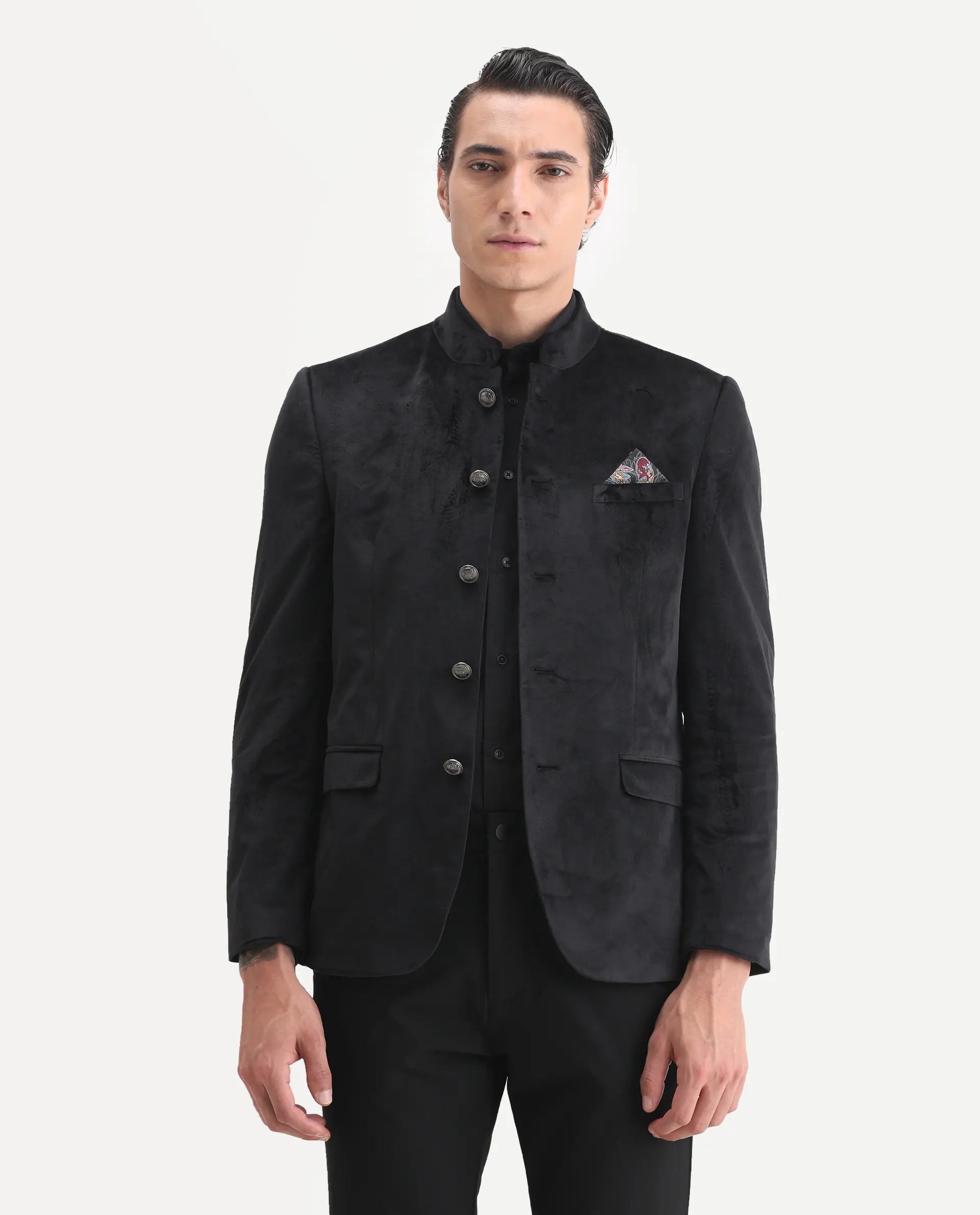 Rare Rabbit Men's Bozelli Black Velvet Plain Tailored Fit Full Sleeve Mandarin Collar Bandhgala
