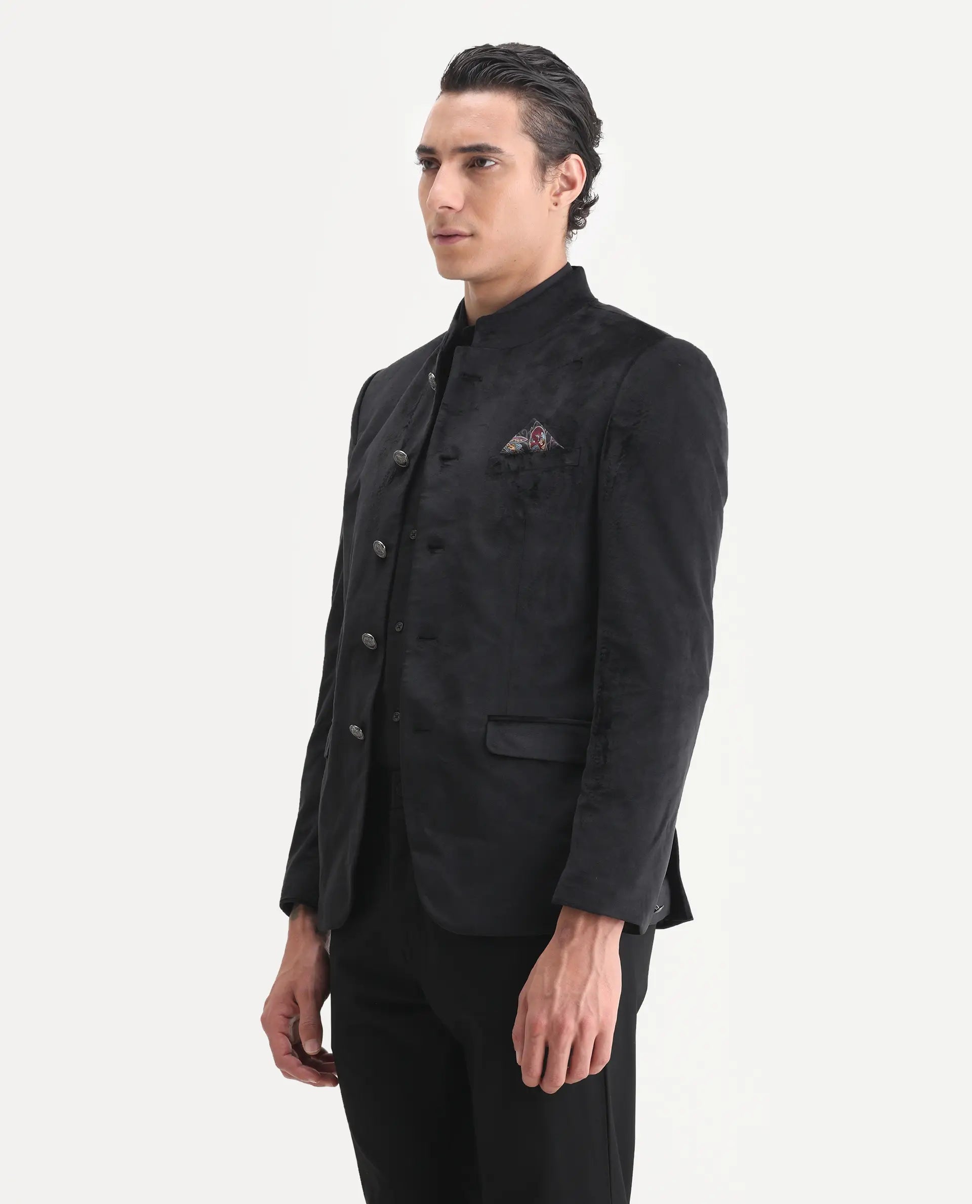 Rare Rabbit Men's Bozelli Black Velvet Plain Tailored Fit Full Sleeve Mandarin Collar Bandhgala