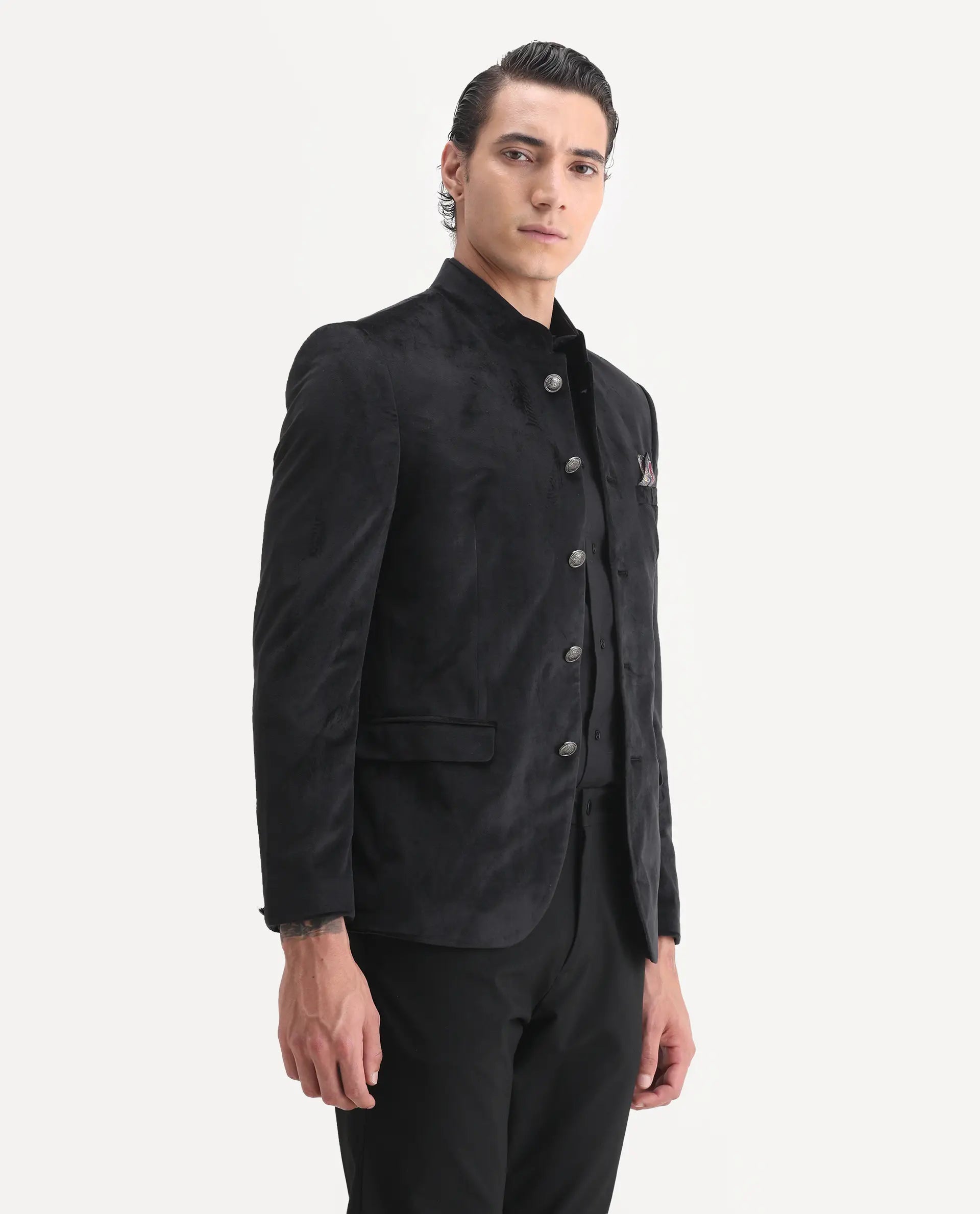 Rare Rabbit Men's Bozelli Black Velvet Plain Tailored Fit Full Sleeve Mandarin Collar Bandhgala