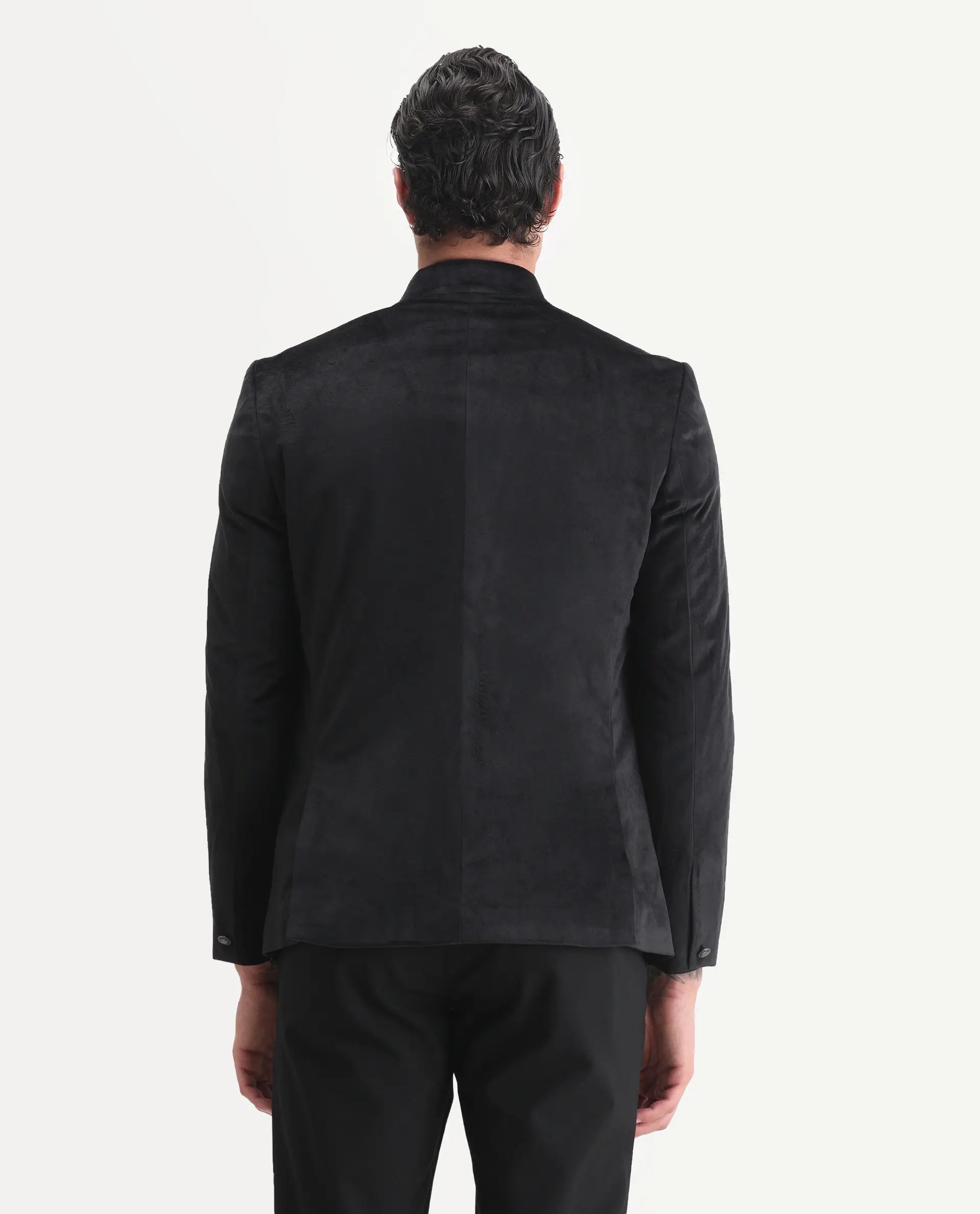 Rare Rabbit Men's Bozelli Black Velvet Plain Tailored Fit Full Sleeve Mandarin Collar Bandhgala