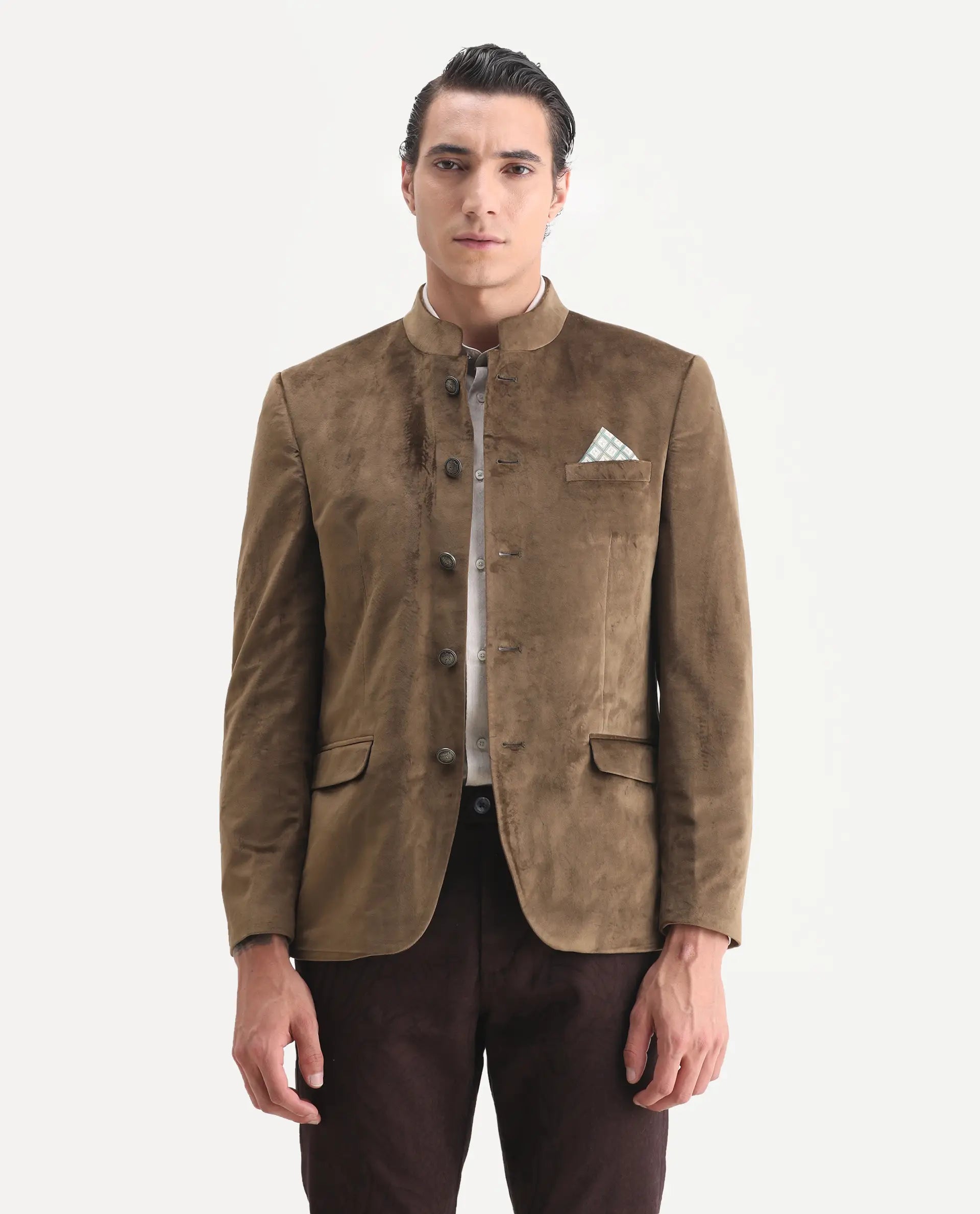 Rare Rabbit Men's Bozelli Olive Velvet Plain Tailored Fit Full Sleeve Mandarin Collar Bandhgala