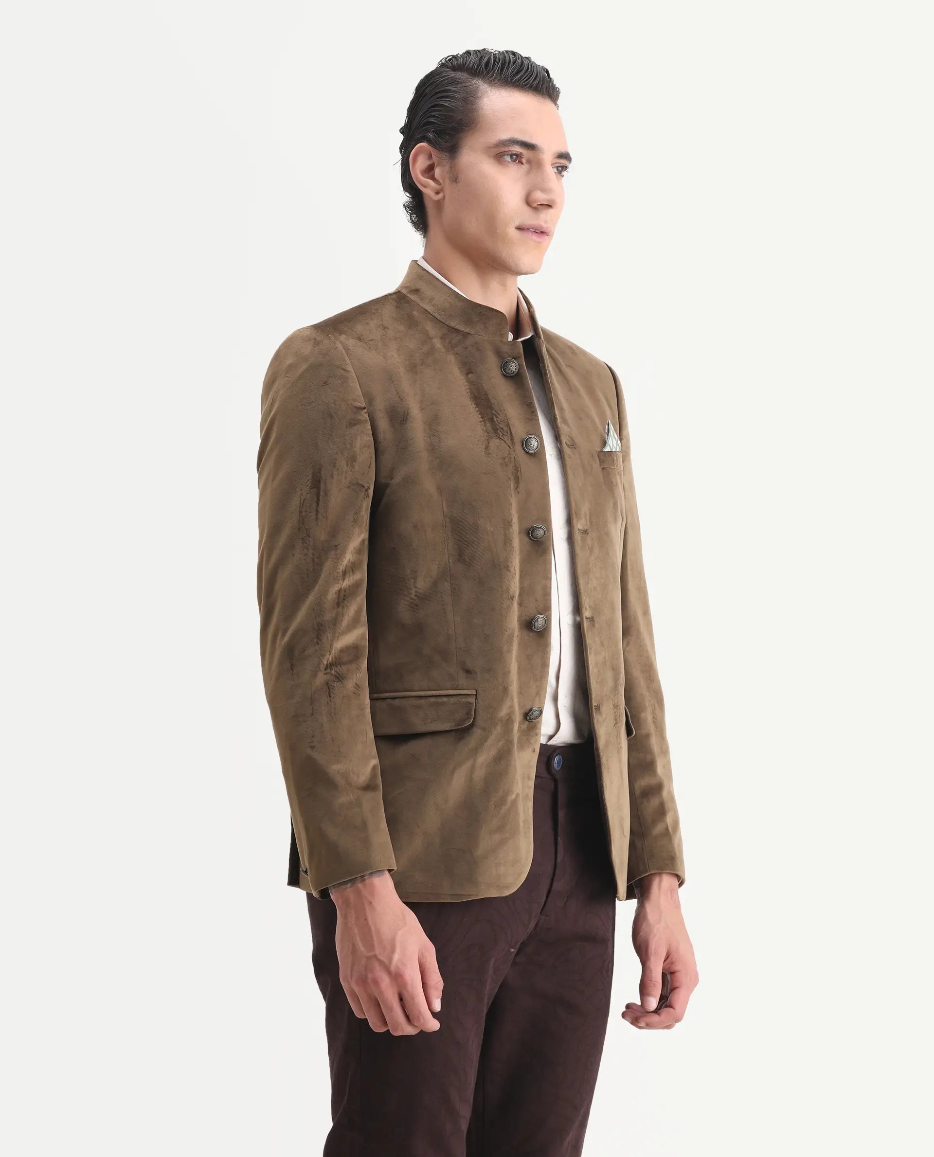 Rare Rabbit Men's Bozelli Olive Velvet Plain Tailored Fit Full Sleeve Mandarin Collar Bandhgala