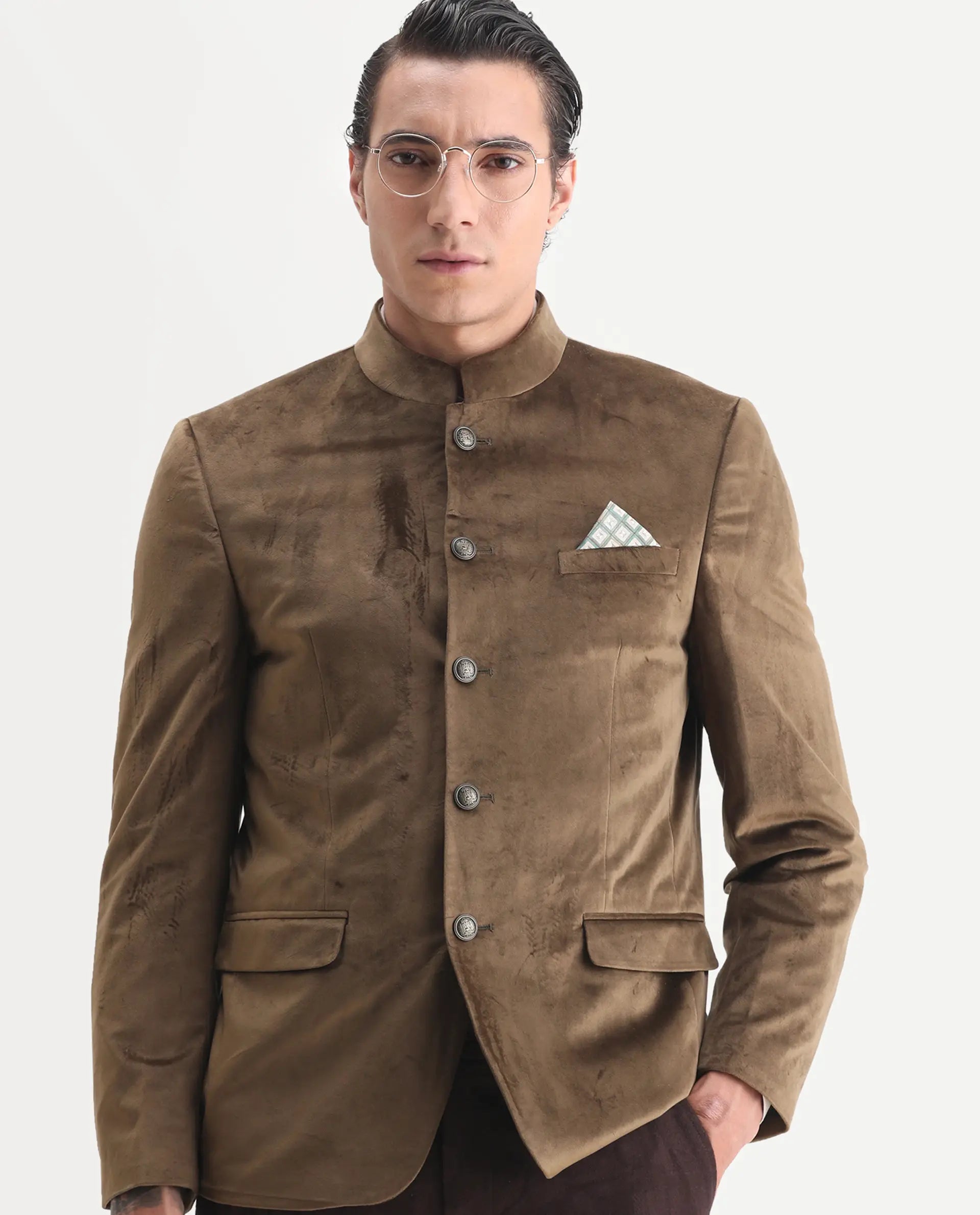 Rare Rabbit Men's Bozelli Olive Velvet Plain Tailored Fit Full Sleeve Mandarin Collar Bandhgala