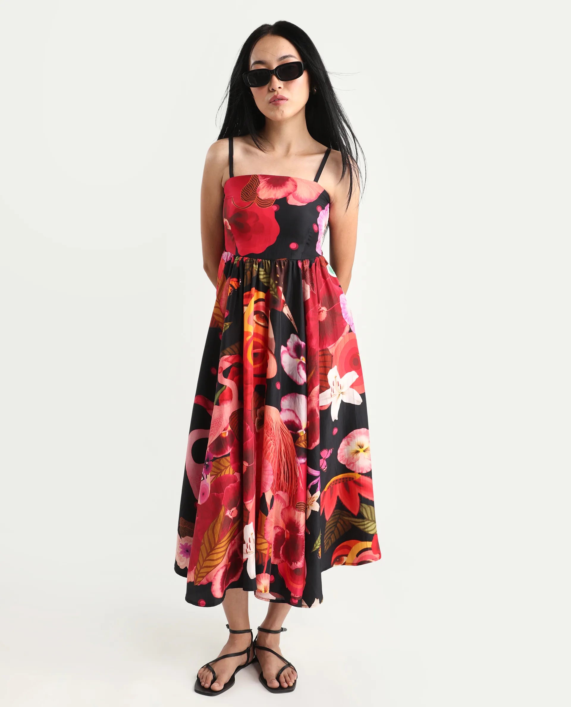 Rareism Women's Bozo Black Silk Sleeveless Fit And Flare Abstract Print Dress