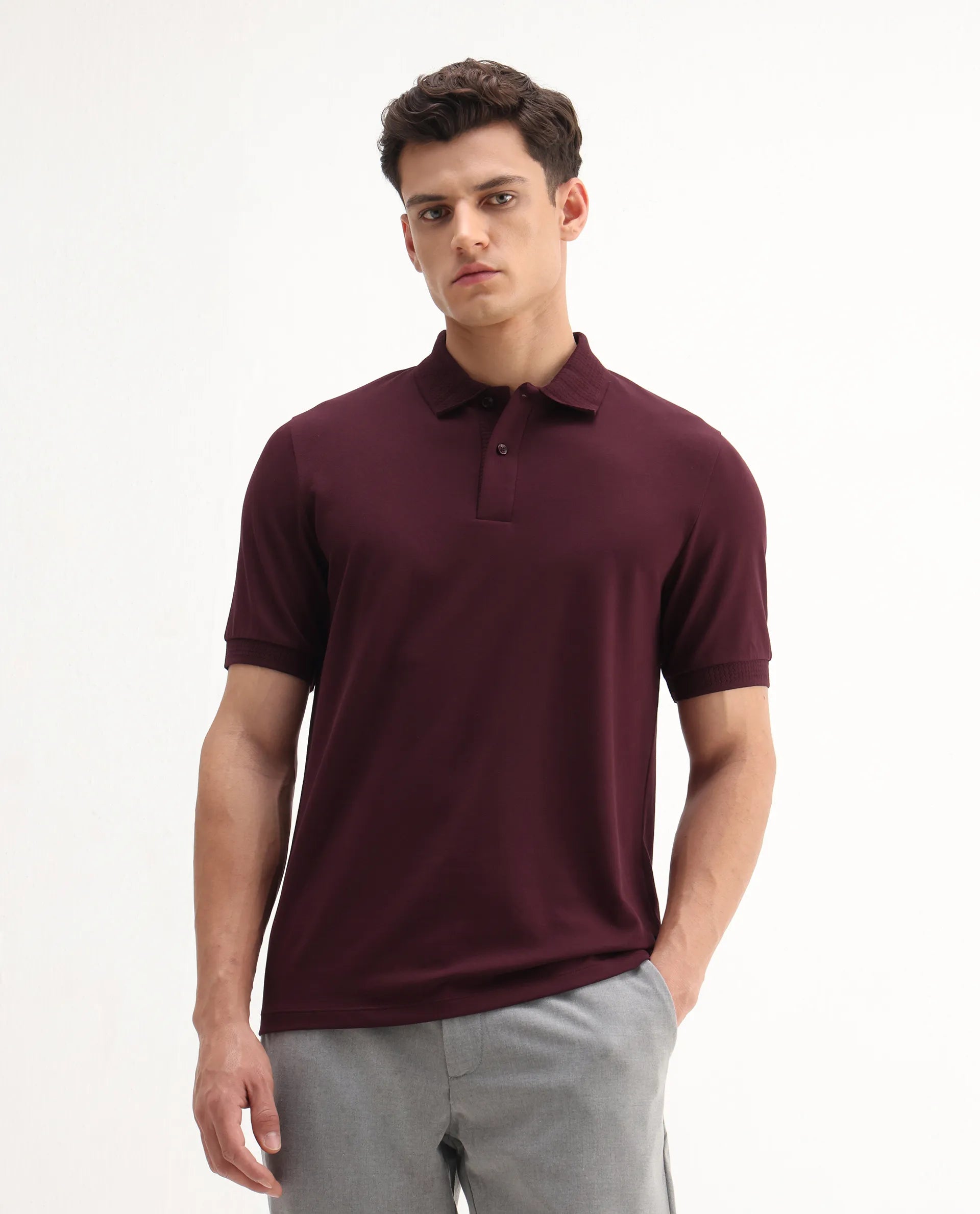 Rare Rabbit Men's Braf Dark Maroon Cotton Blend Plain Regular Fit Half Sleeve Polo