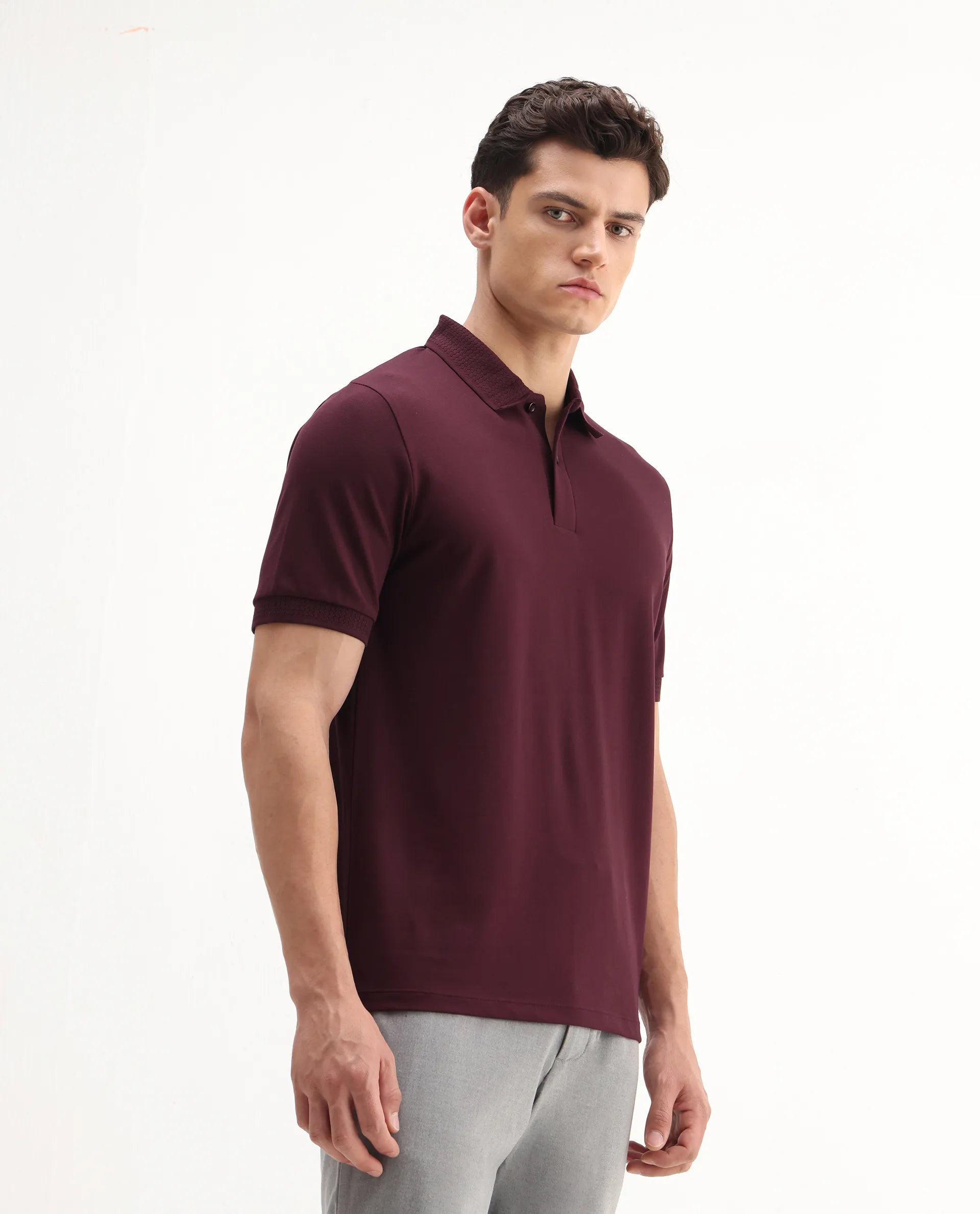 Rare Rabbit Men's Braf Dark Maroon Cotton Blend Plain Regular Fit Half Sleeve Polo