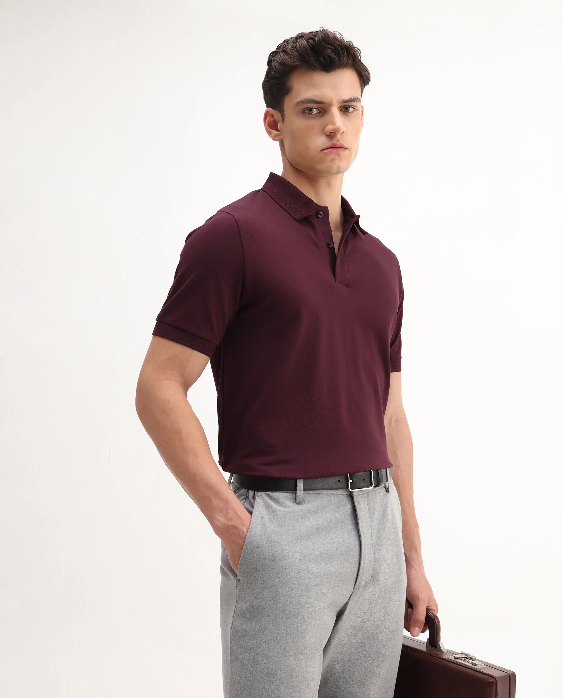 Rare Rabbit Men's Braf Dark Maroon Cotton Blend Plain Regular Fit Half Sleeve Polo