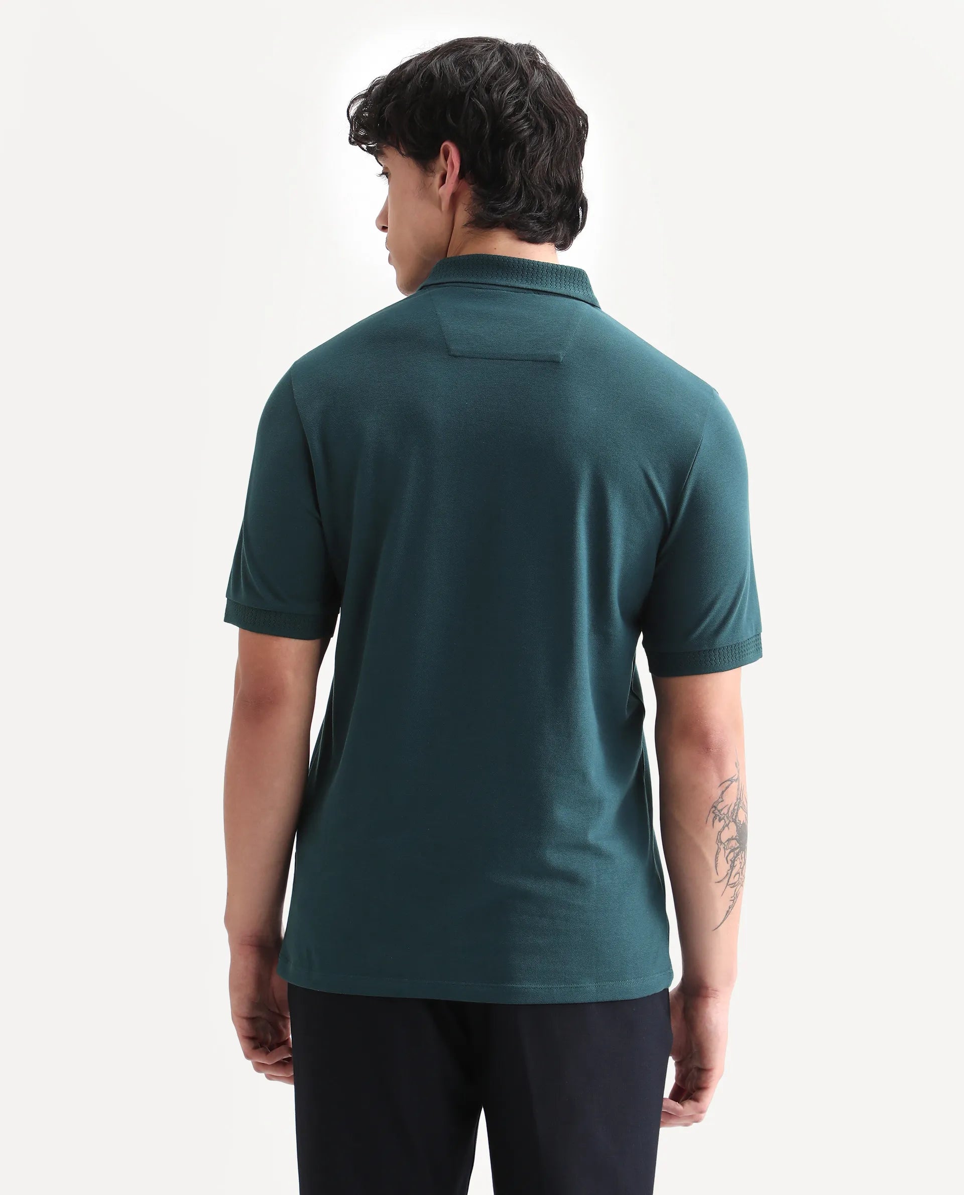 Rare Rabbit Men's Braf Dark Teal Cotton Blend Plain Regular Fit Half Sleeve Polo