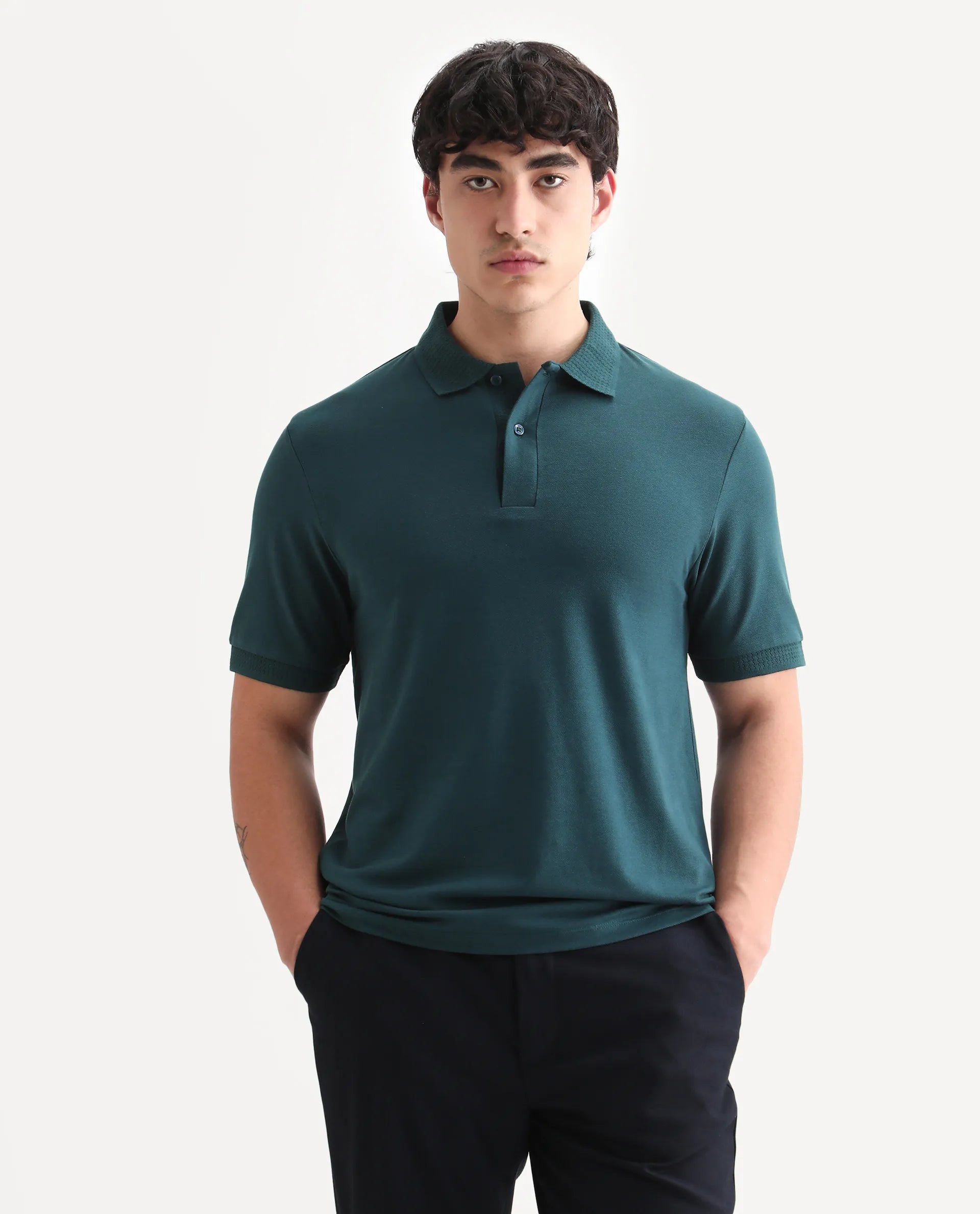 Rare Rabbit Men's Braf Dark Teal Cotton Blend Plain Regular Fit Half Sleeve Polo