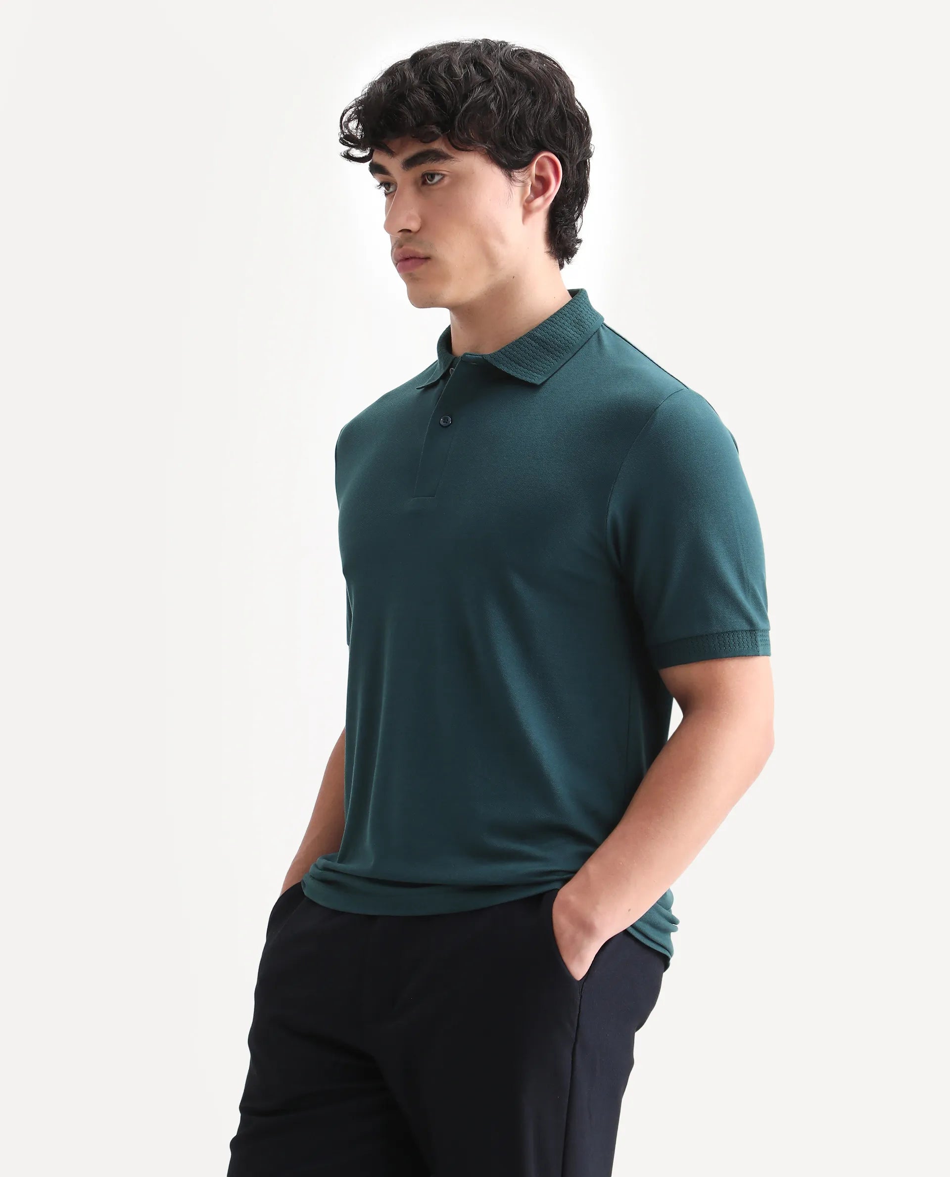 Rare Rabbit Men's Braf Dark Teal Cotton Blend Plain Regular Fit Half Sleeve Polo