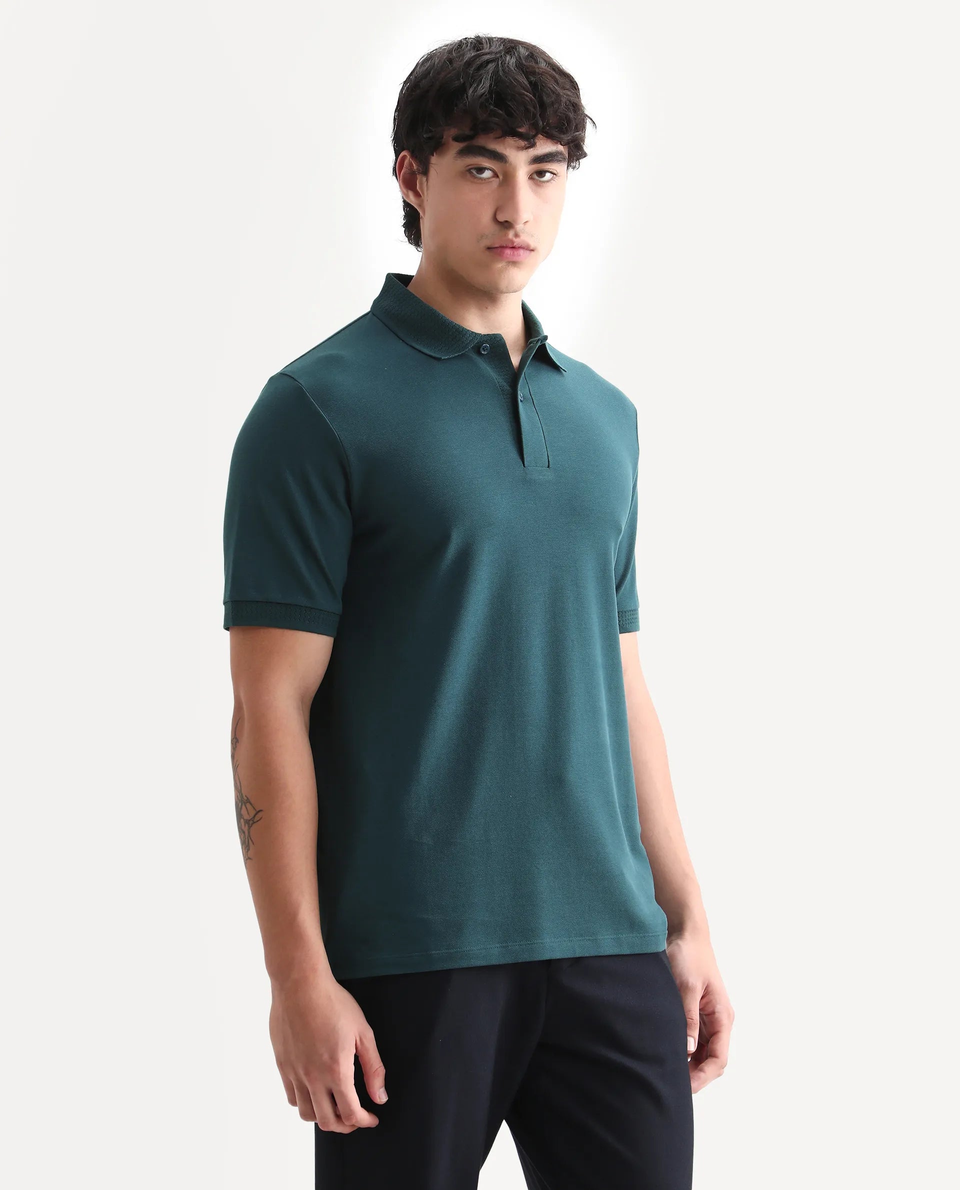 Rare Rabbit Men's Braf Dark Teal Cotton Blend Plain Regular Fit Half Sleeve Polo